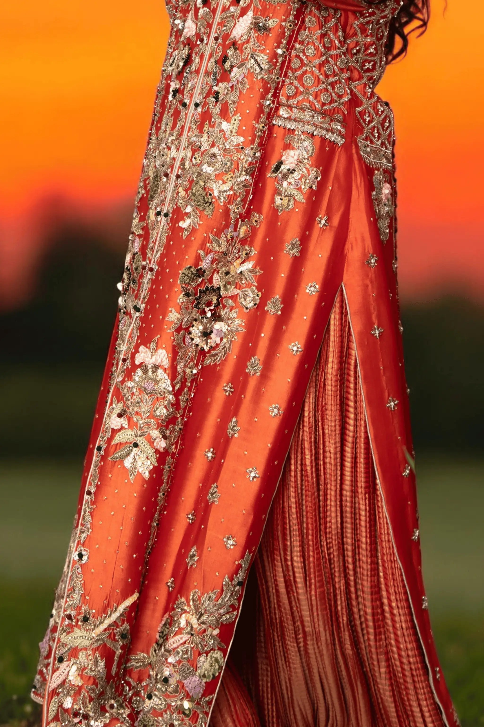 Cinnamon raw silk shirt with heavy embroidery and floral motifs