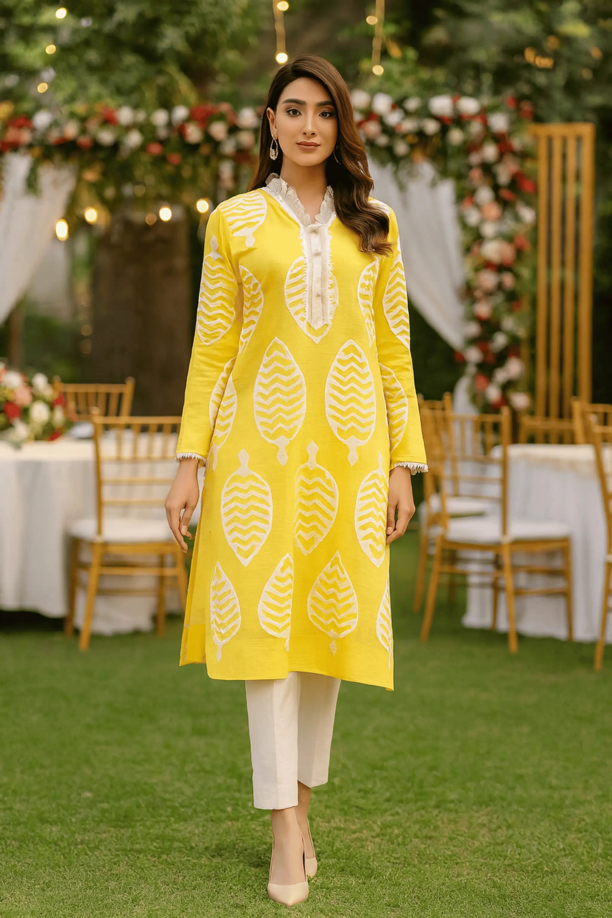 Close-up of Apachi yellow premium lawn shirt with ralli work and lace details.