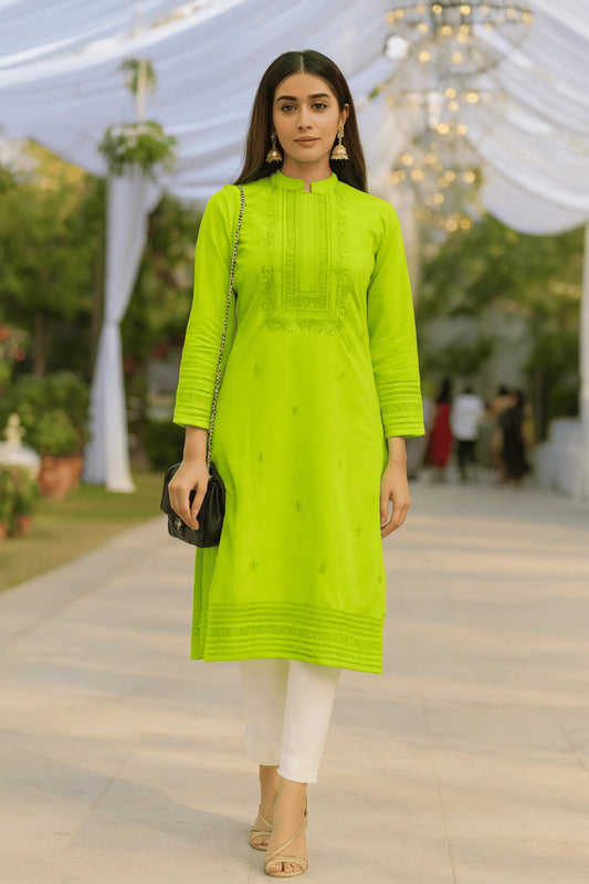 Close-up of Celery Bareeze Lawn 1 Piece dress with mirror embroidery