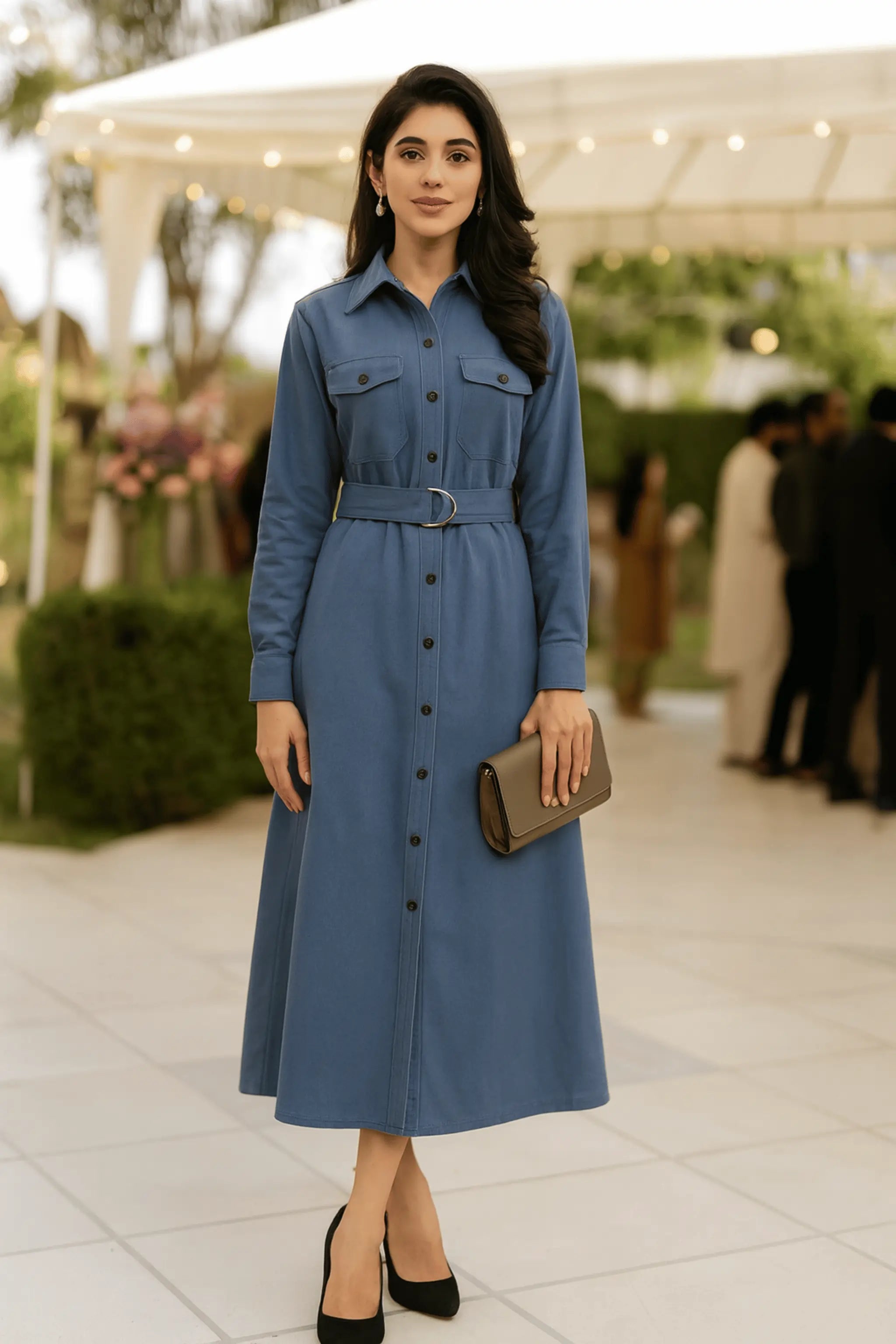 Close-up of button placket and chest pockets on shirtdress