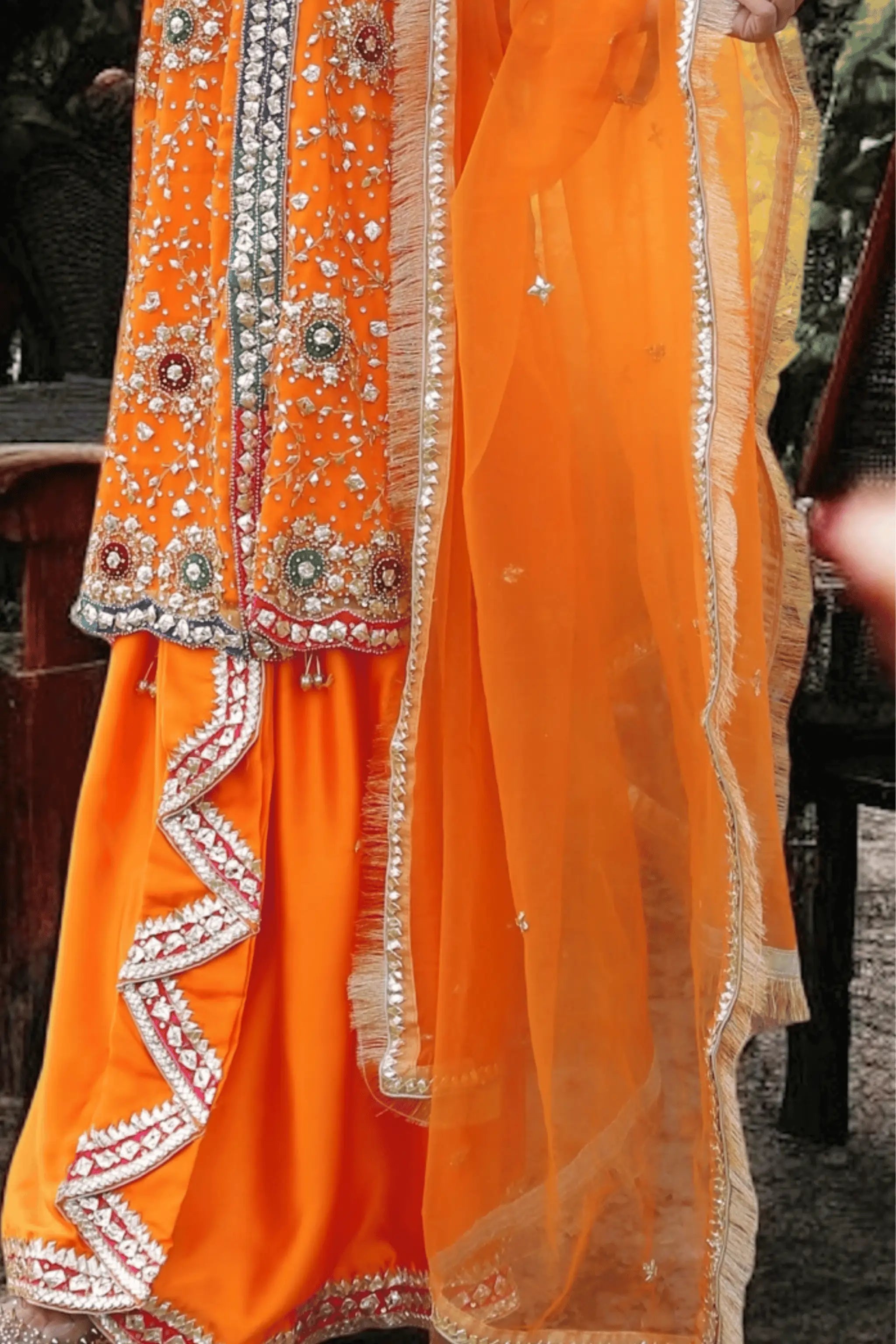 Close-up of organza dupatta with fancy lace and star details.