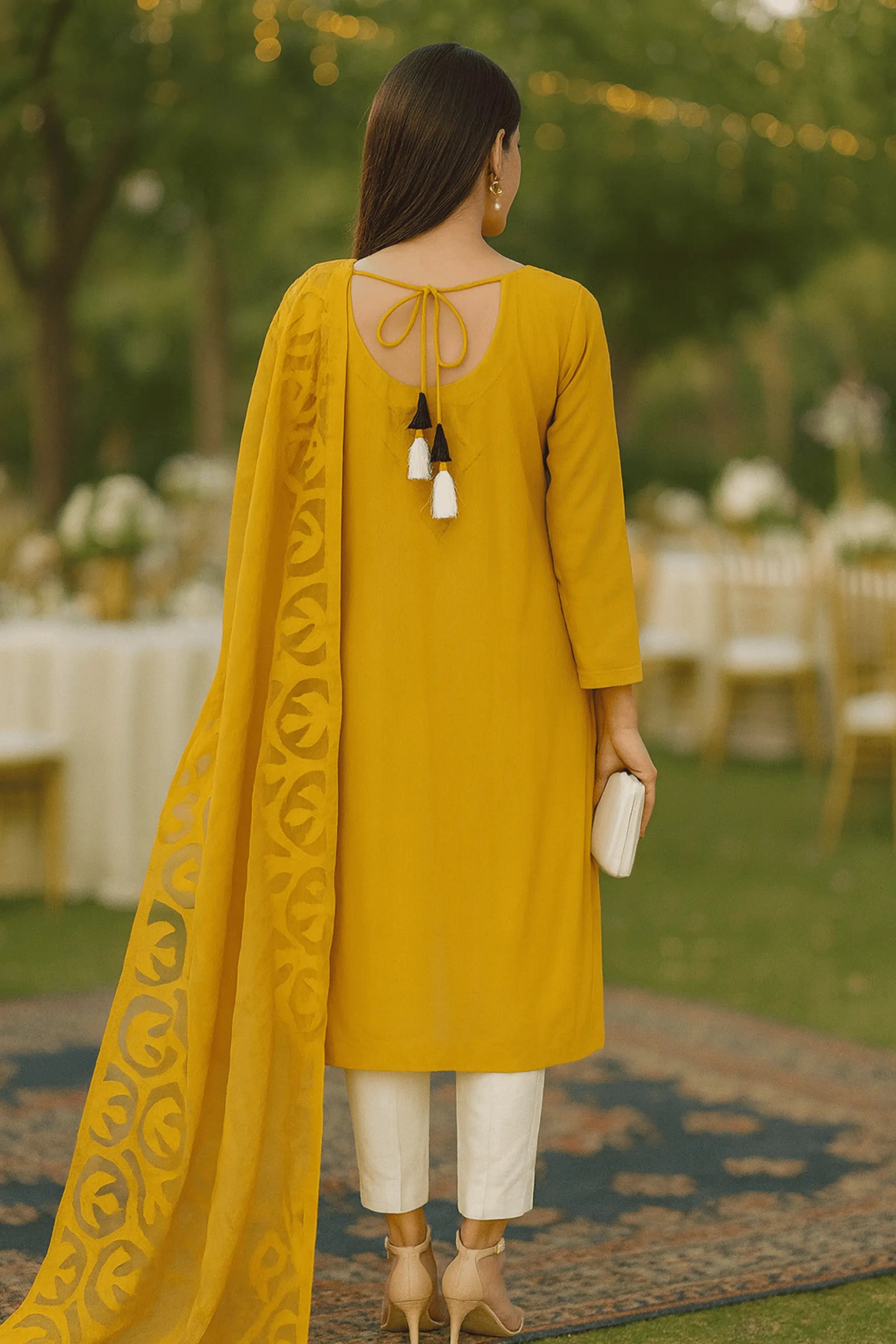 Close-up of patch work, ralli, and tassel neckline on Saffron semi-formal dress