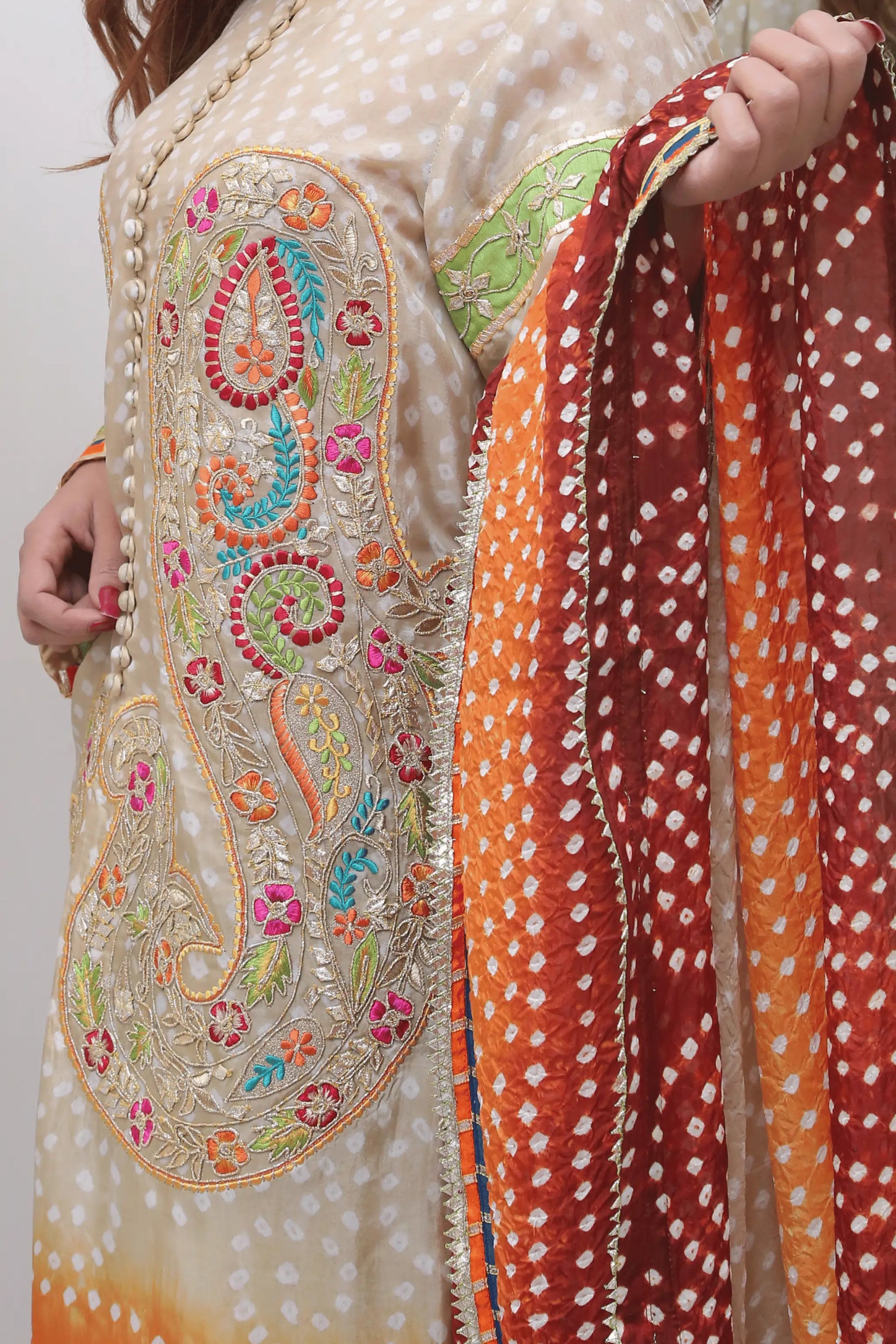 Close up of paisley and floral chunri embroidery
