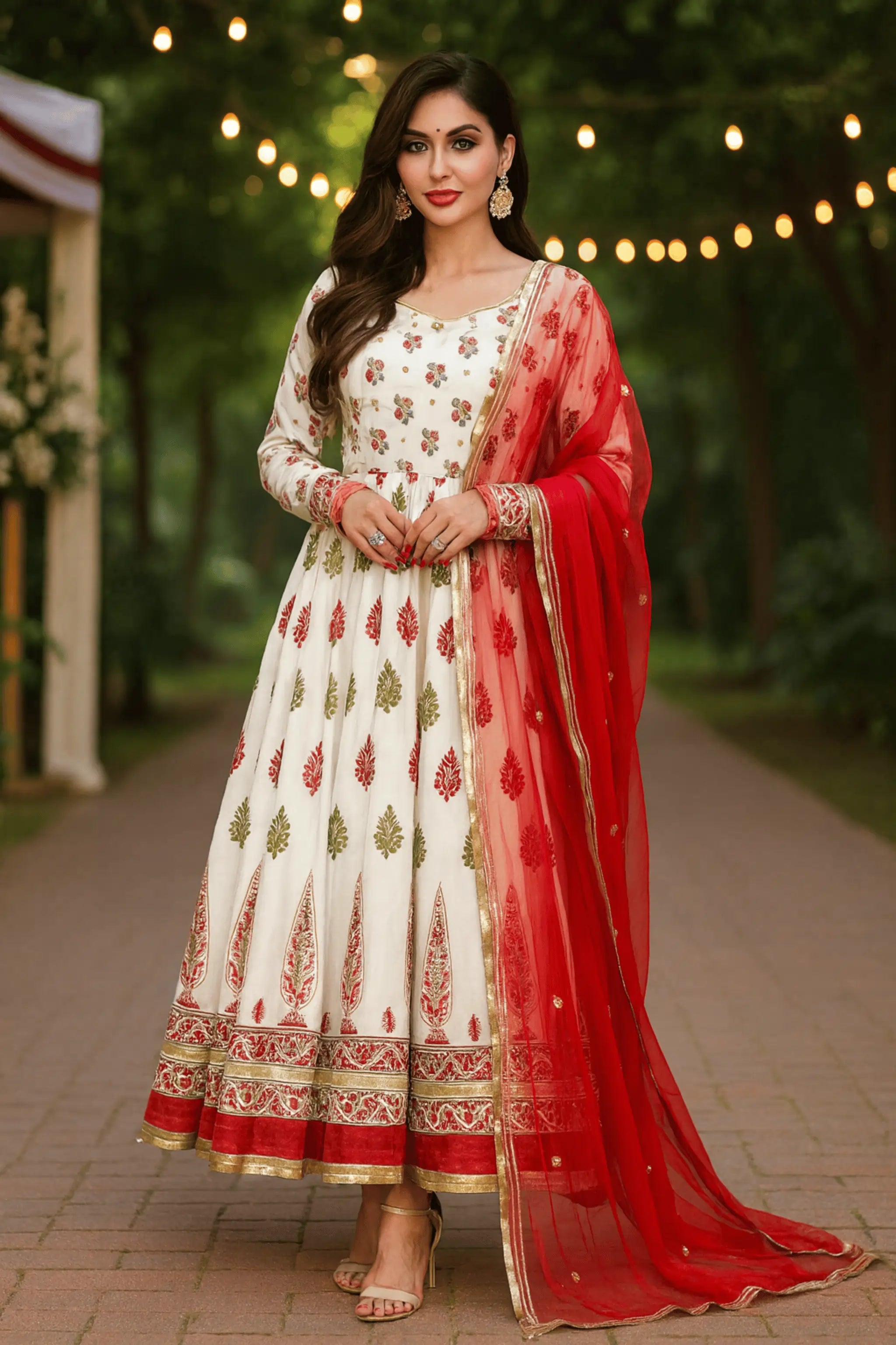 Gulzaar – off-white & red flared frock with organza dupatta — front view