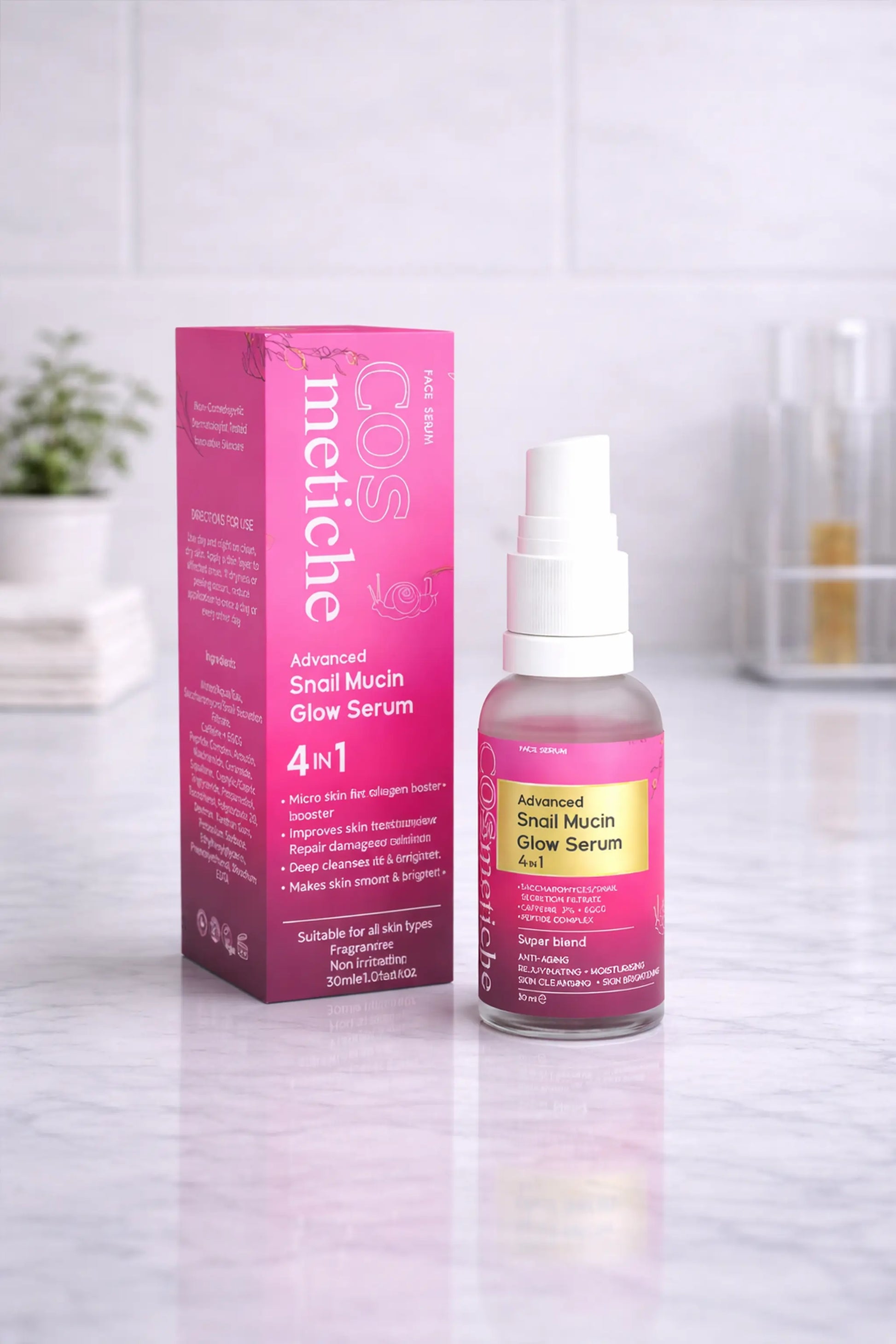 “Cosmetiche Advanced Snail Mucin Glow Serum 4-in-1 with packaging, displayed in a clean professional studio setting for bright, smooth, glowing skin.”