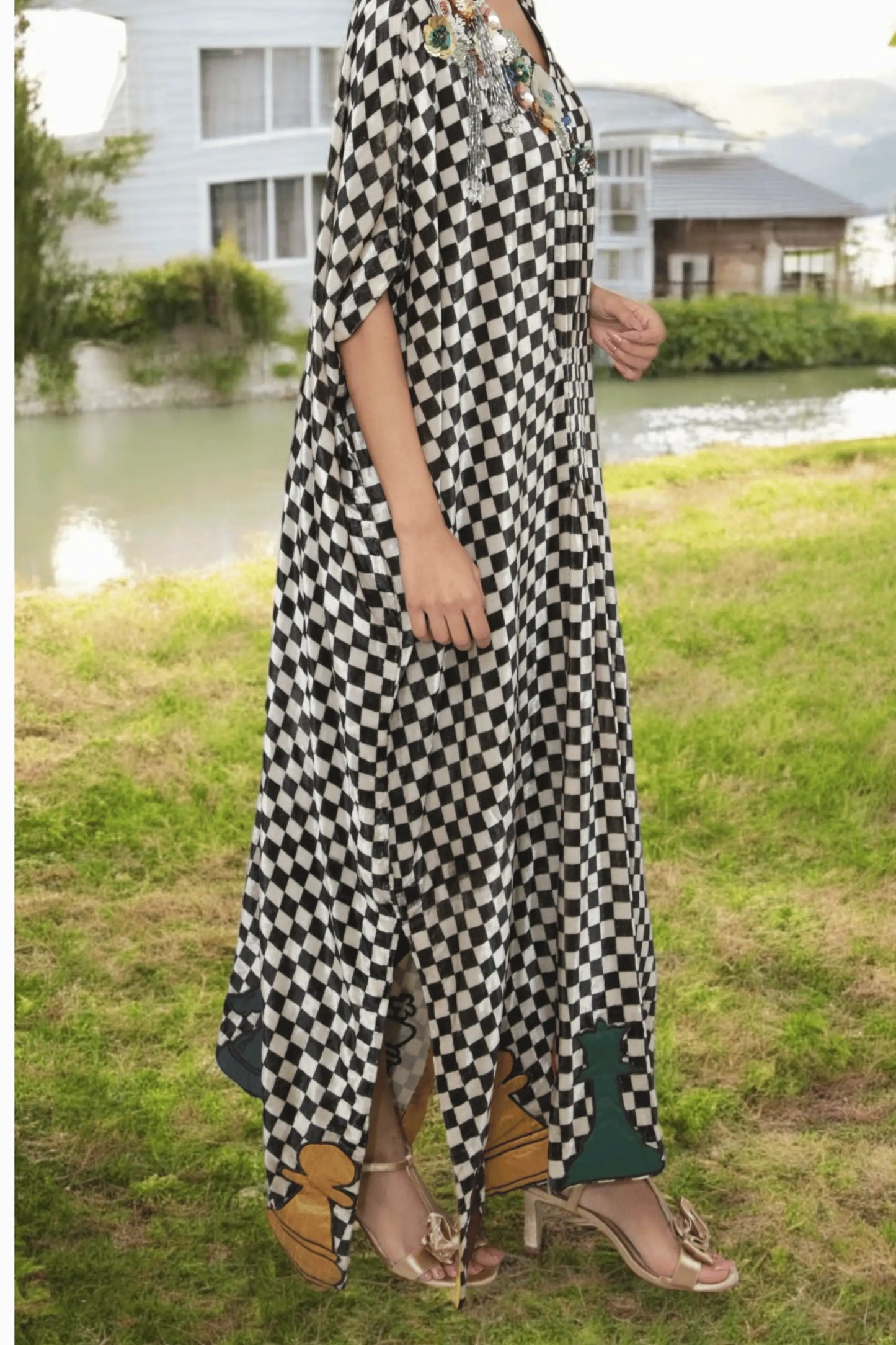 Designer kaftan with floral beadwork neckline