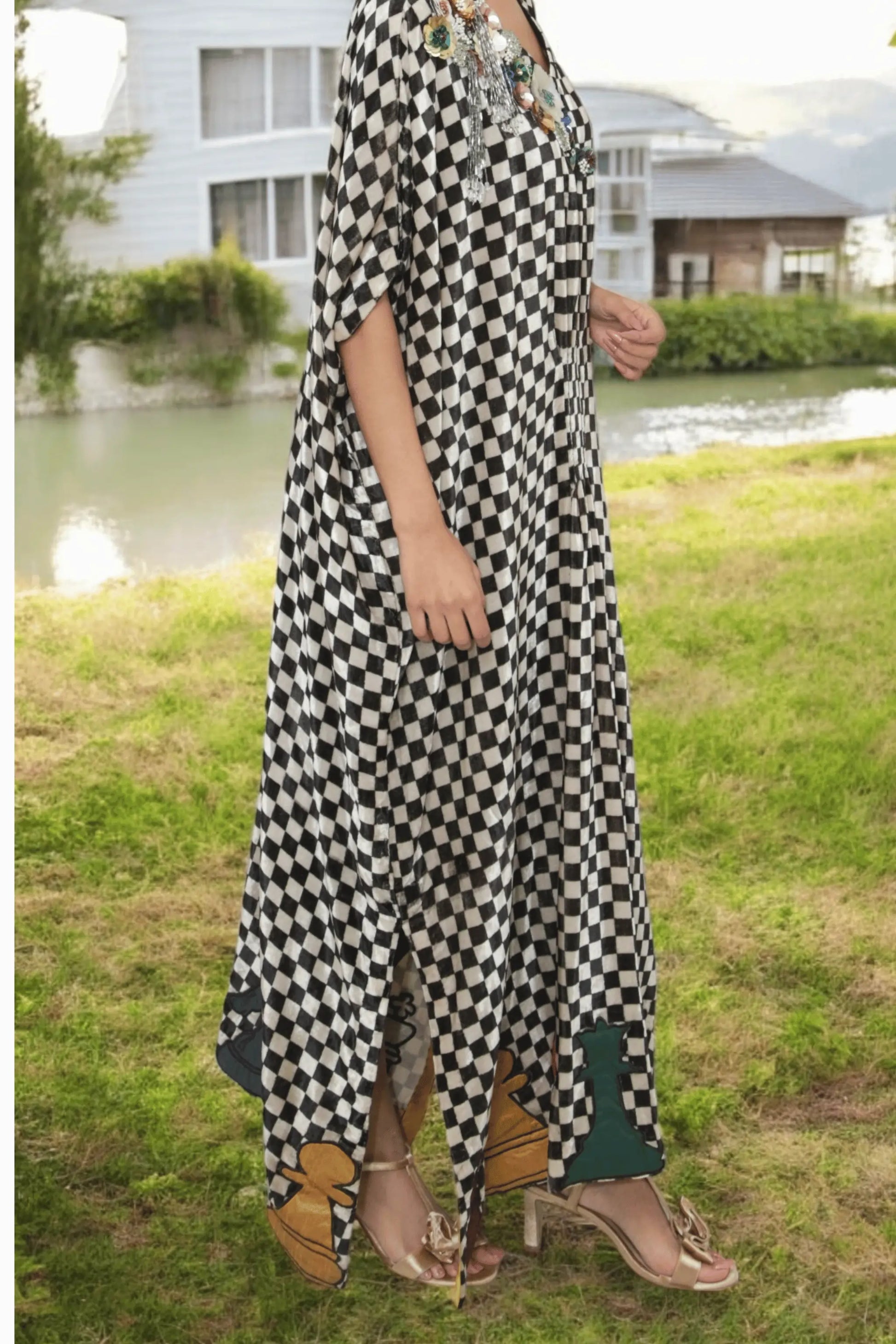 Designer kaftan with floral beadwork neckline