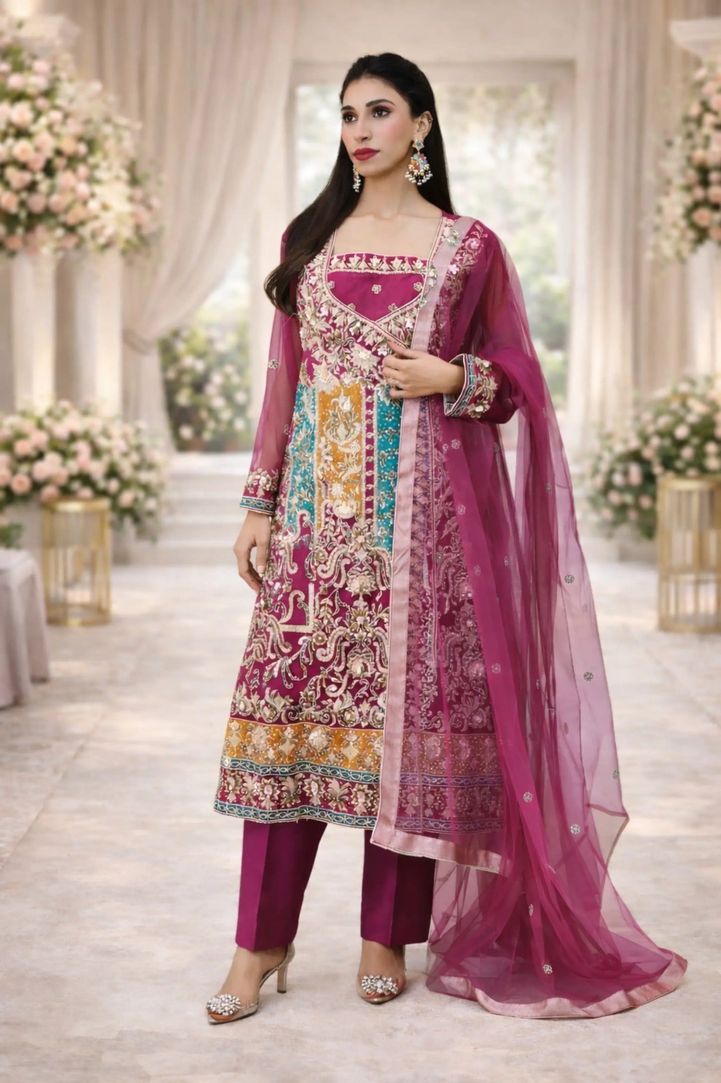 Detailed antique gold zari embroidery with leaf and paisley motifs on raw silk fabric