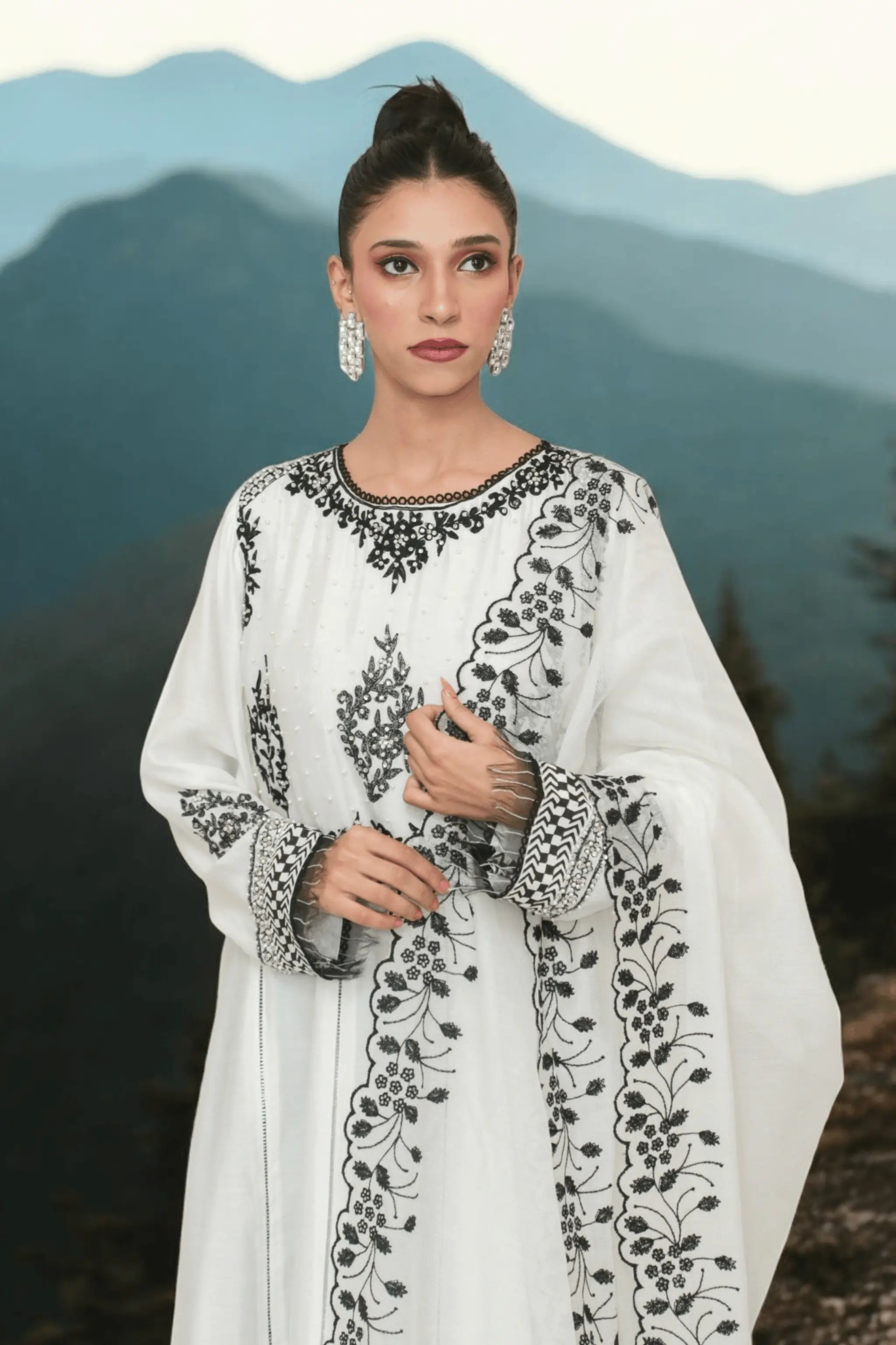 Elegant A-line frock with cotton net dupatta