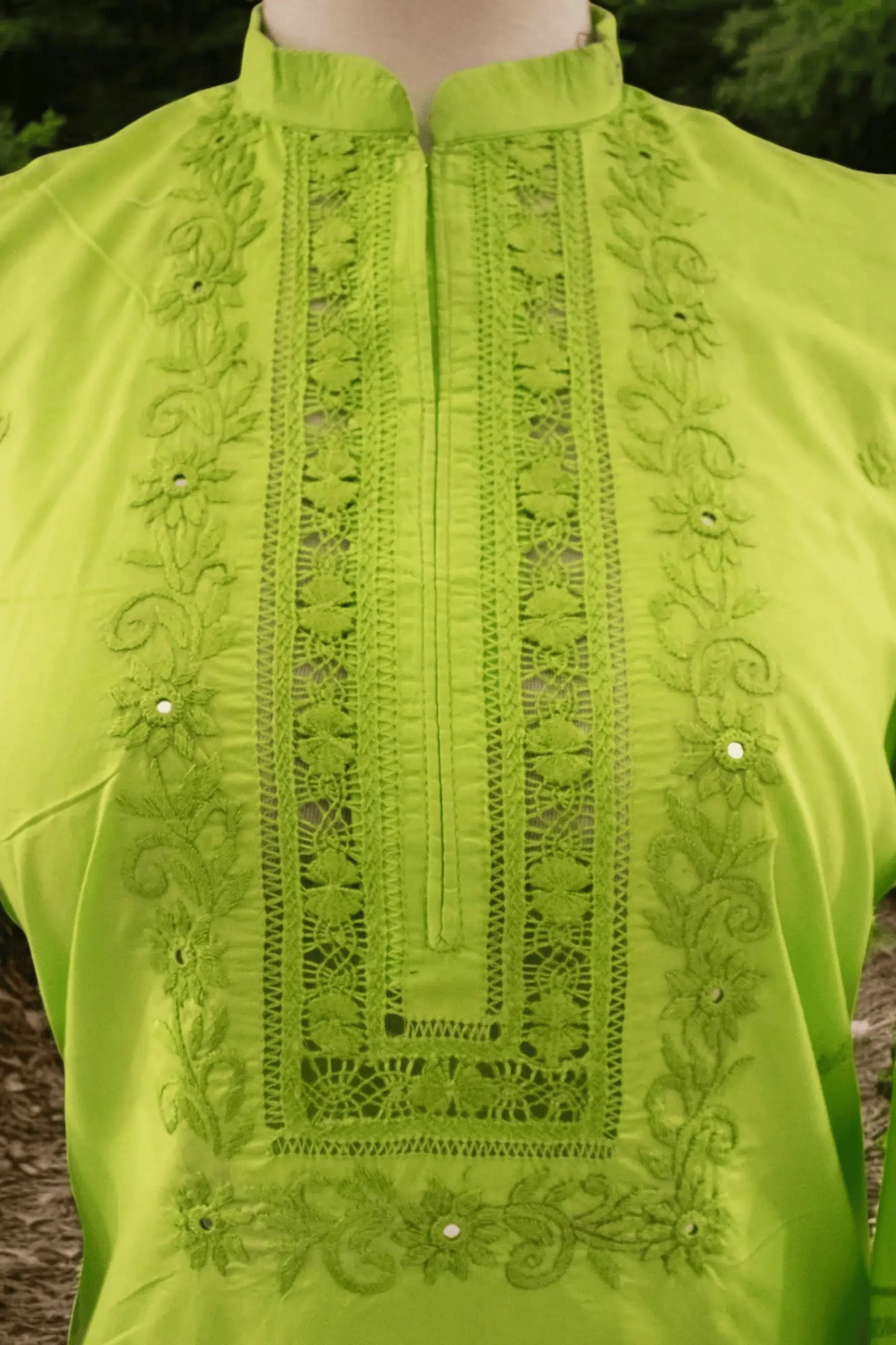 Front embroidery with tarkashi and handwork detail on chest