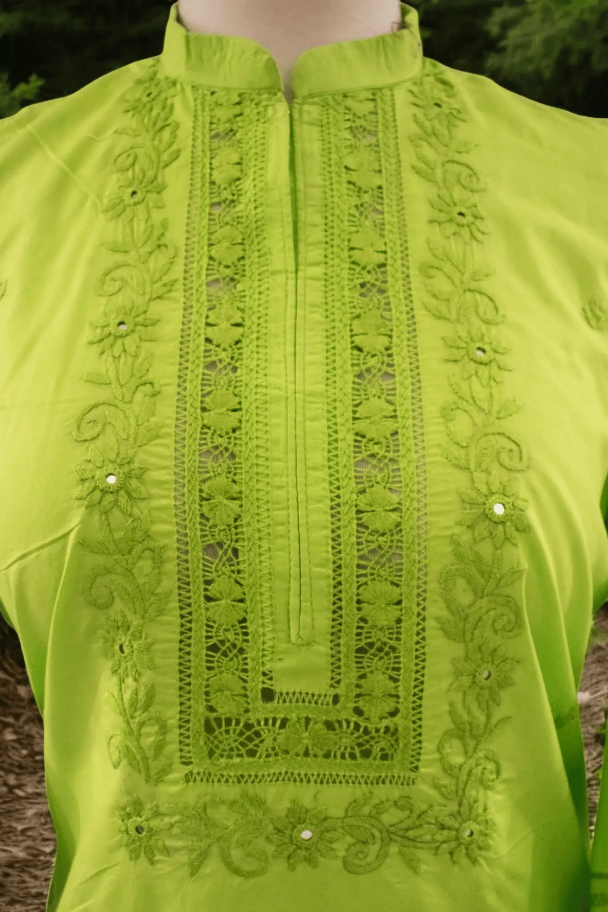 Front embroidery with tarkashi and handwork detail on chest