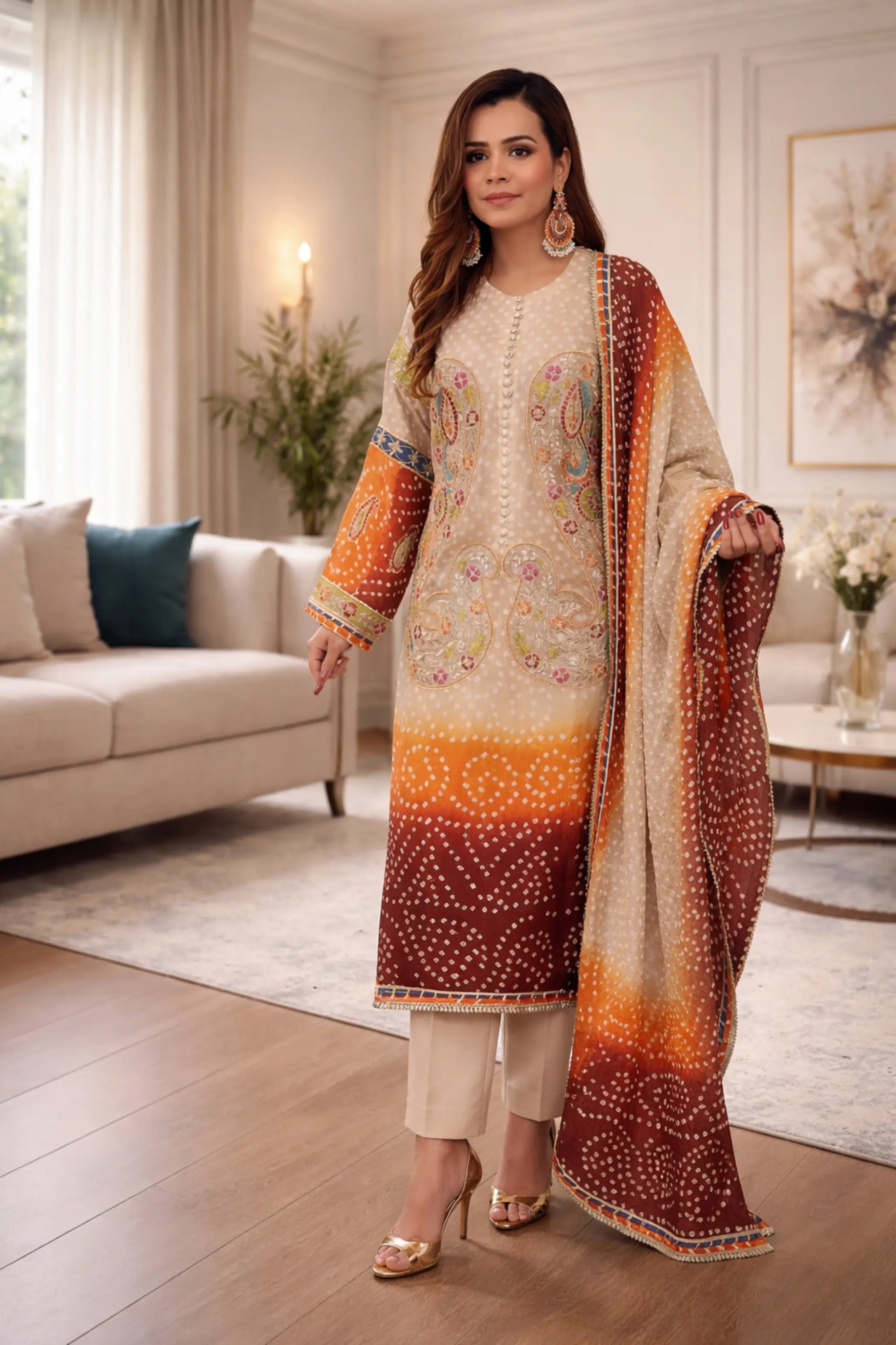 Front panel embroidery with fabric button detailing