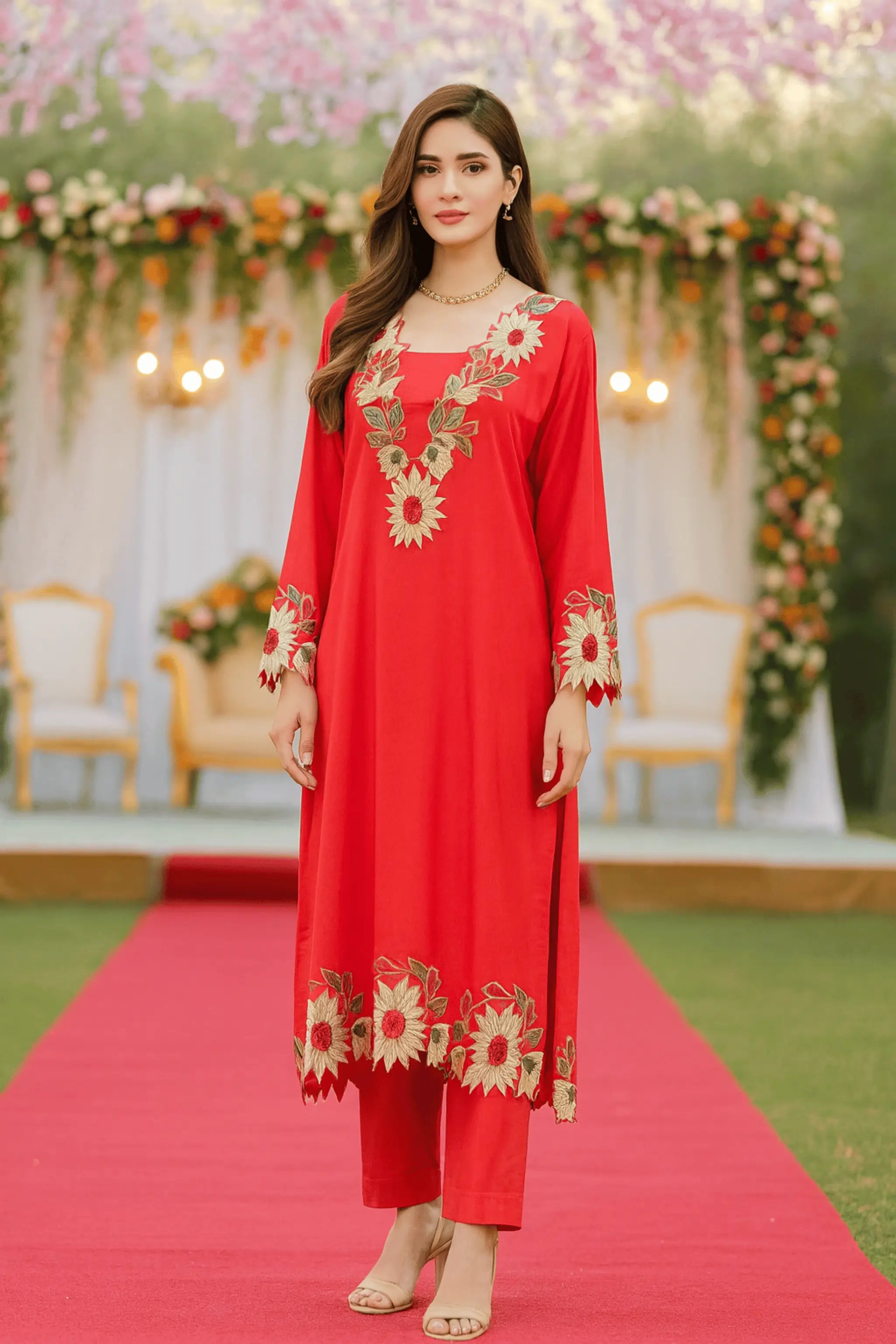 Front view of Scarlet Bloom 2 Piece Marina Dress with velvet appliqué embroidery