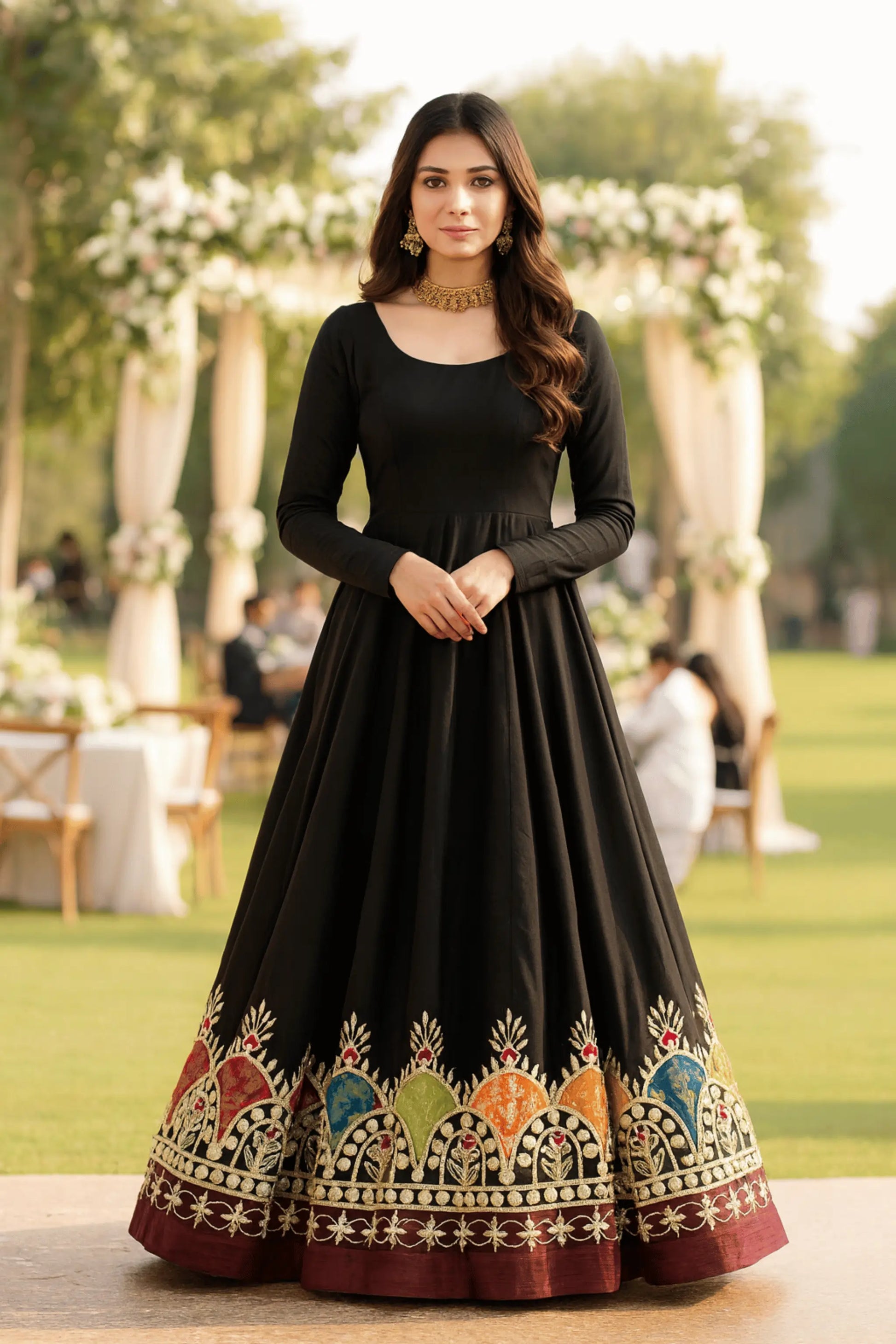 Front view of Zoonash black tussle silk frock with applique embroidery