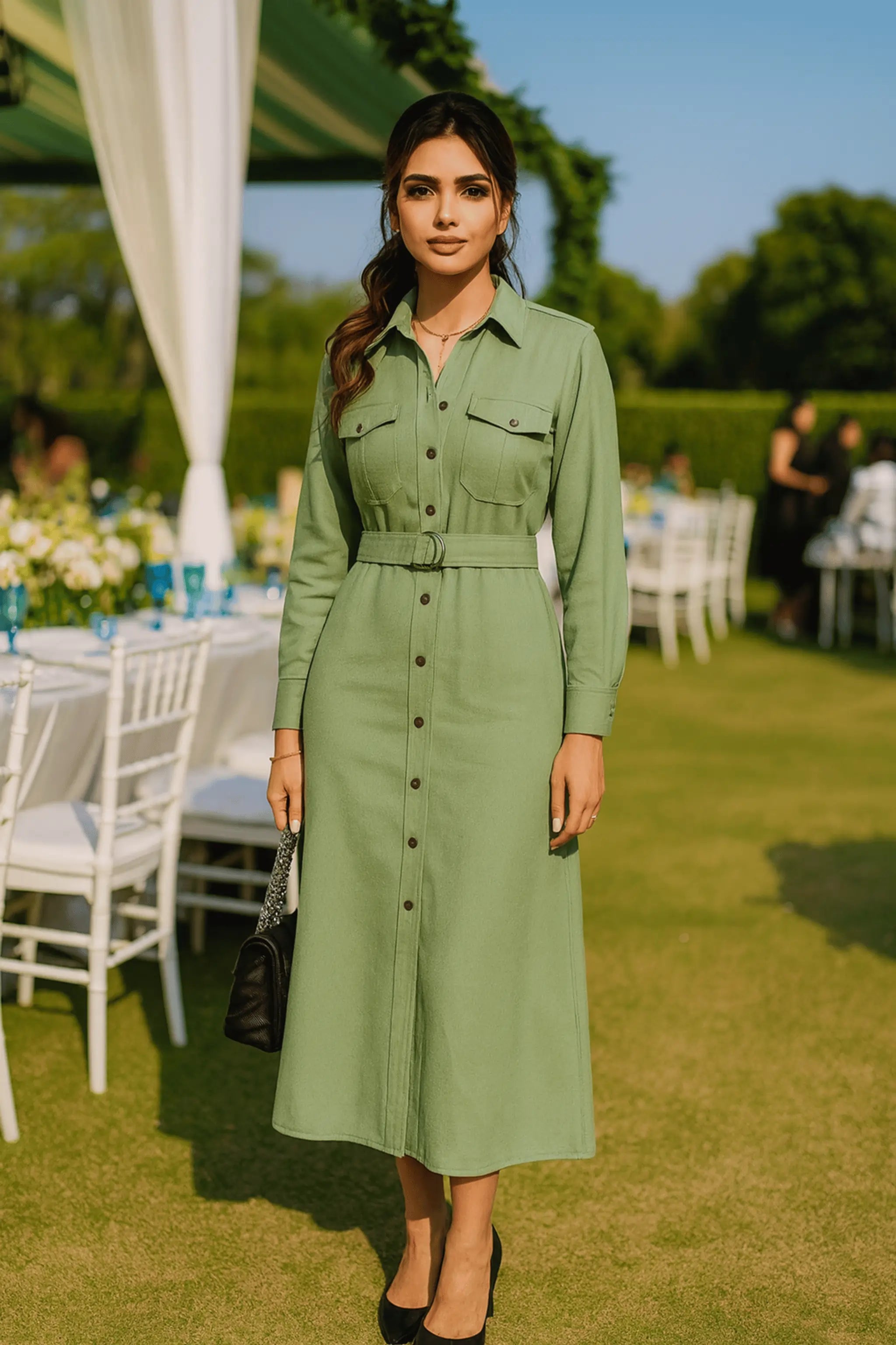 Full-length stitched ivory velvet shirtdress