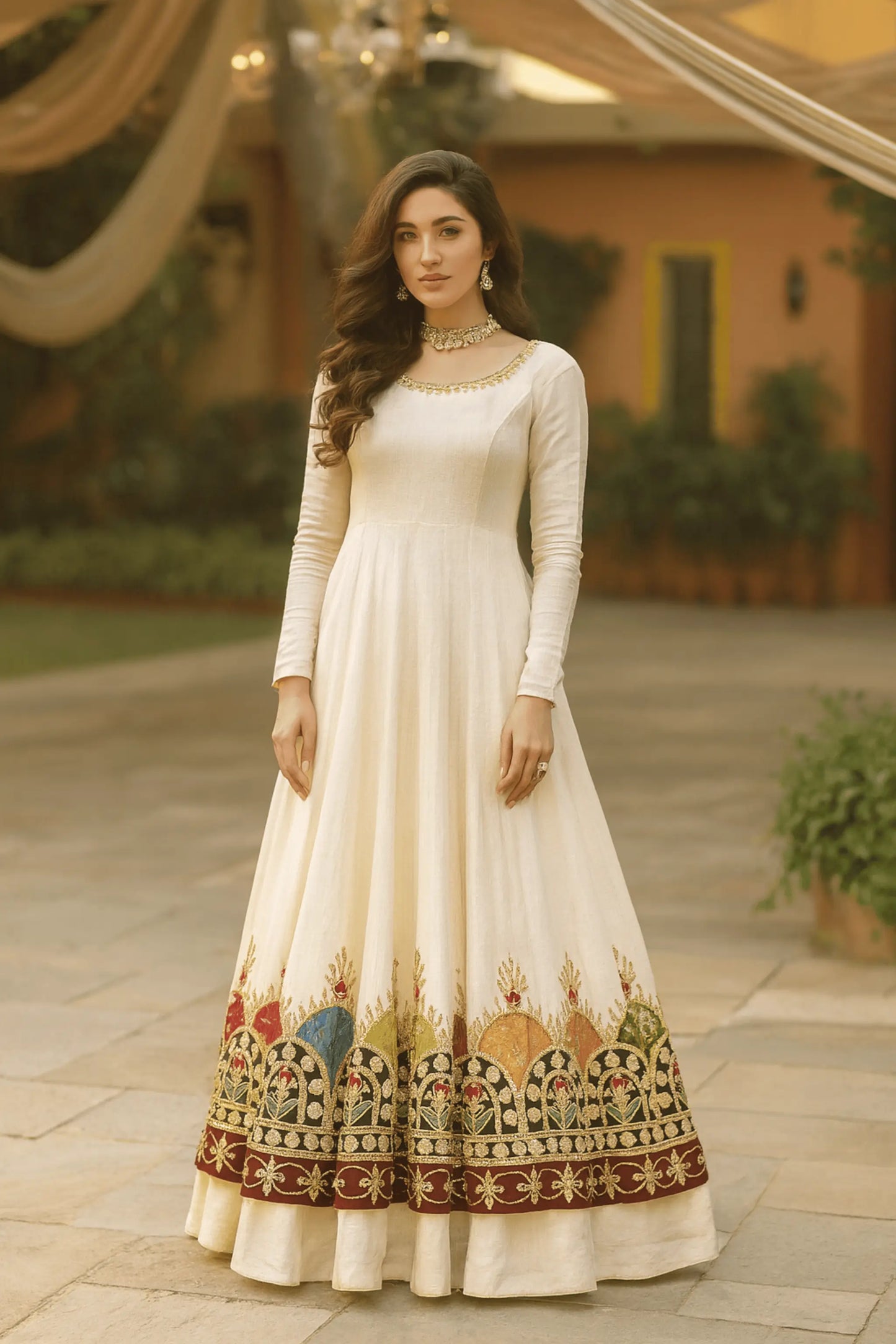 Full-length_white_tussle_silk_frock_with_dupatta_four-sided_hemming