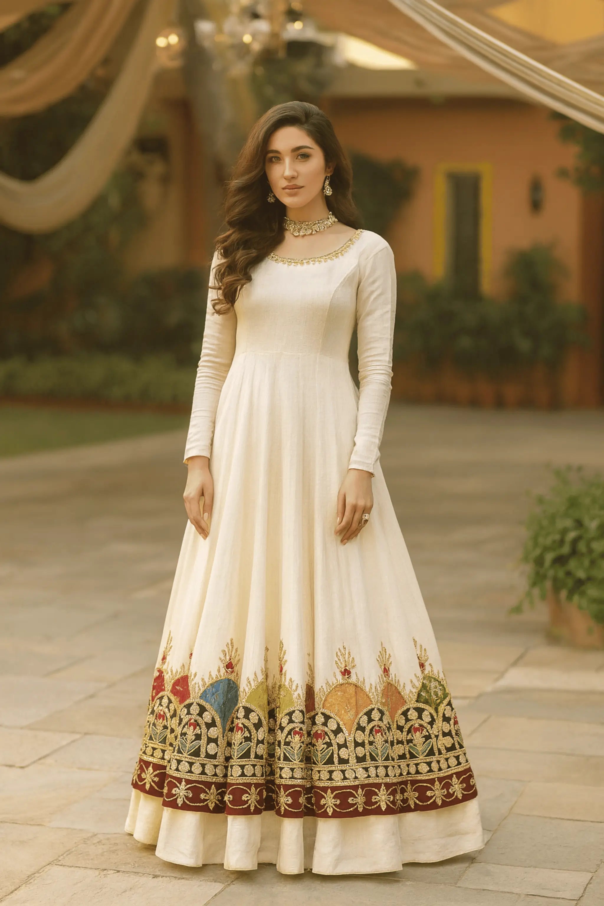 Full-length white tussle silk frock with dupatta four-sided hemming