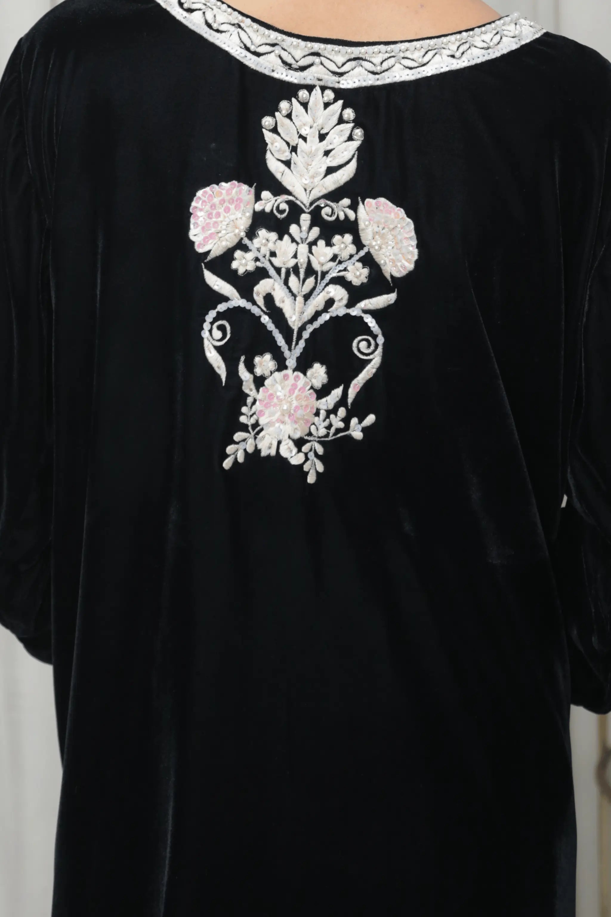 Full view of velvet shirt with raw silk trousers and organza dupatta.