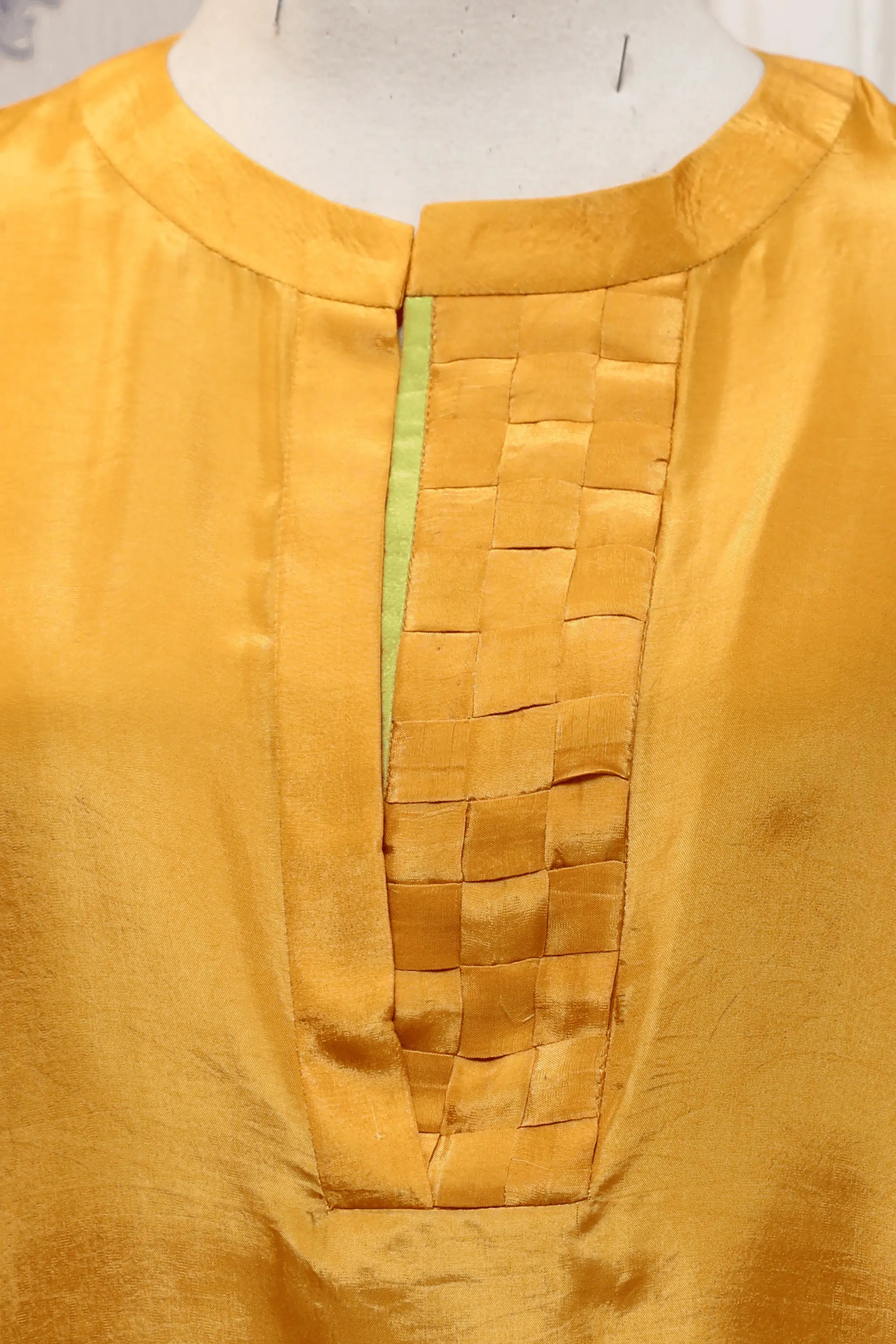 Golden mustard tussle silk 3 piece dress – side profile showing straight cut shirt and trousers
