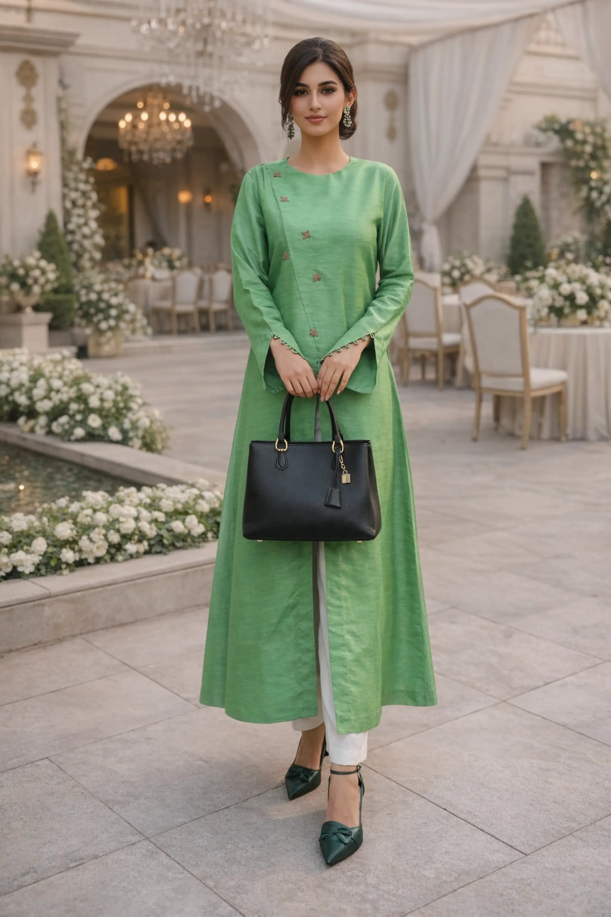 Green silk formal shirt with gold embellishments paired with white trousers – 2 piece formal wear for women