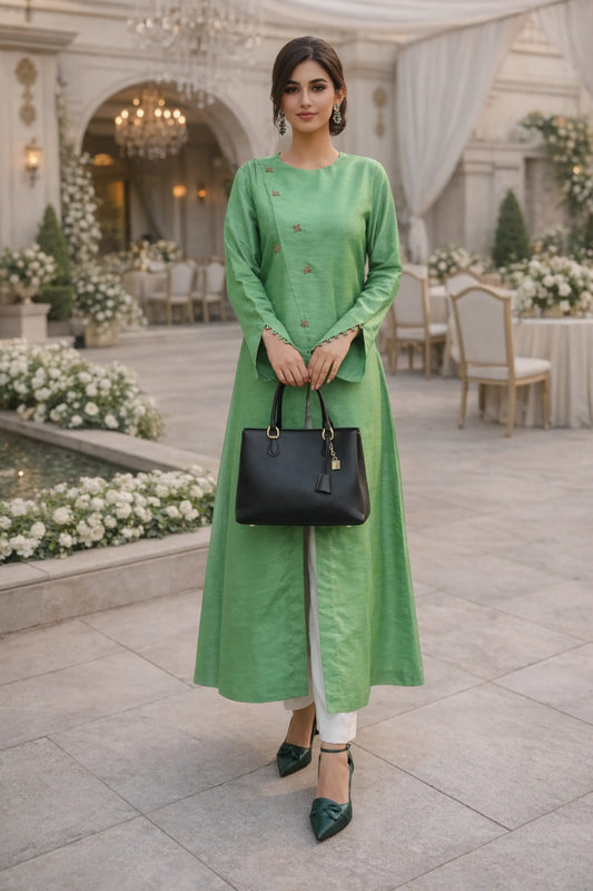 Green silk formal shirt with gold embellishments paired with white trousers – 2 piece formal wear for women