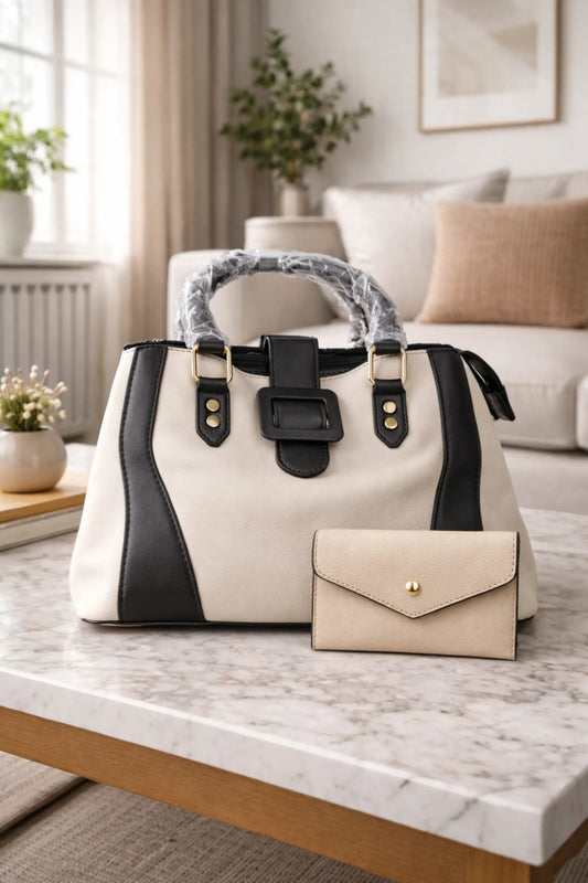 Ivory and dark brown structured tote bag with top handles and zipper closure