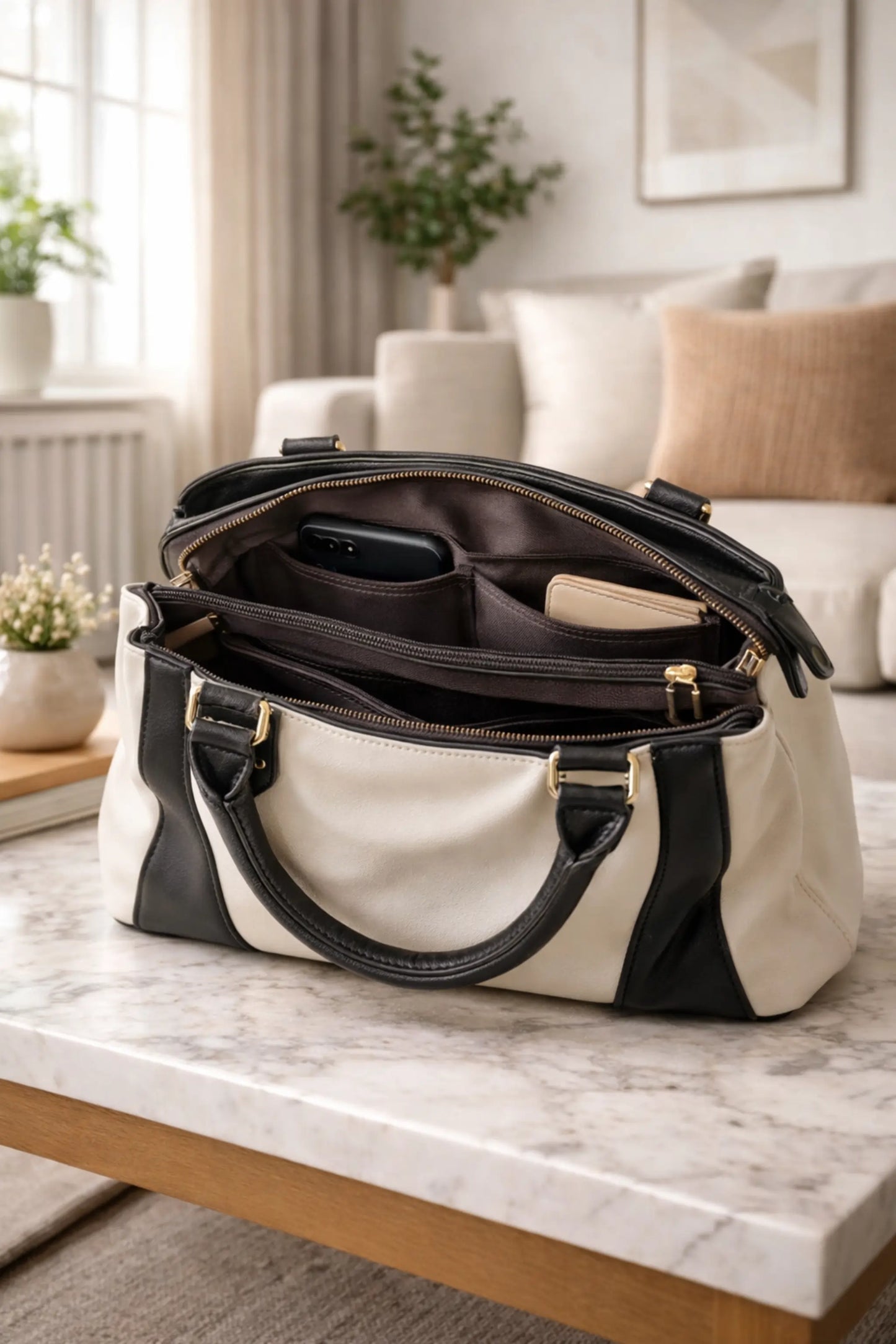 Ivory and dark brown structured tote bag with top handles and zipper closure