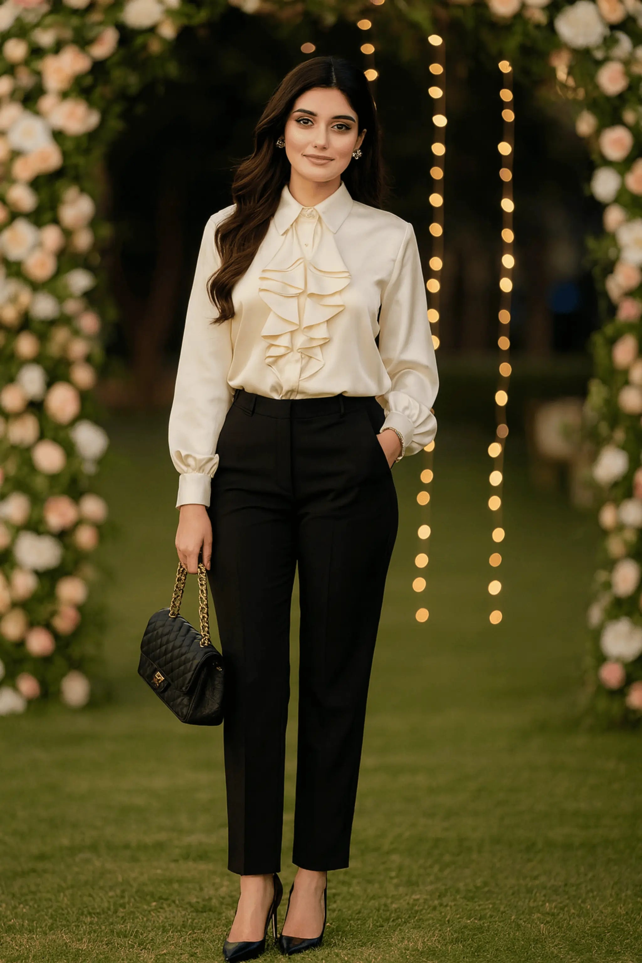 Ivory ruffle silk shirt for women – front view