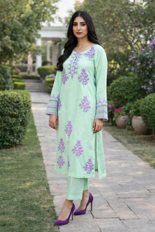 Mint green embroidered 3 piece suit with dupatta and plain trousers