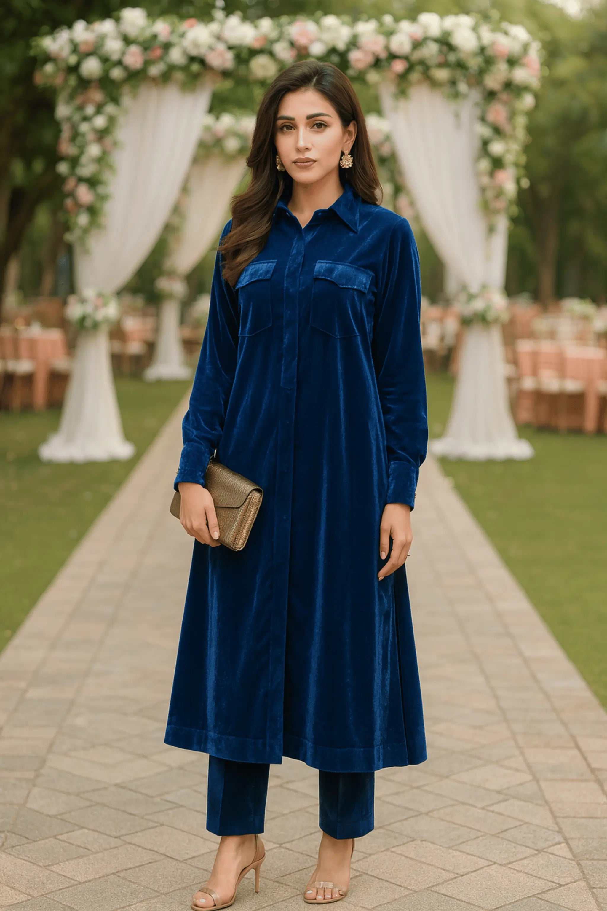 Model wearing AOI Royal Blue Velvet 2 Piece Set with collared shirt and trousers.