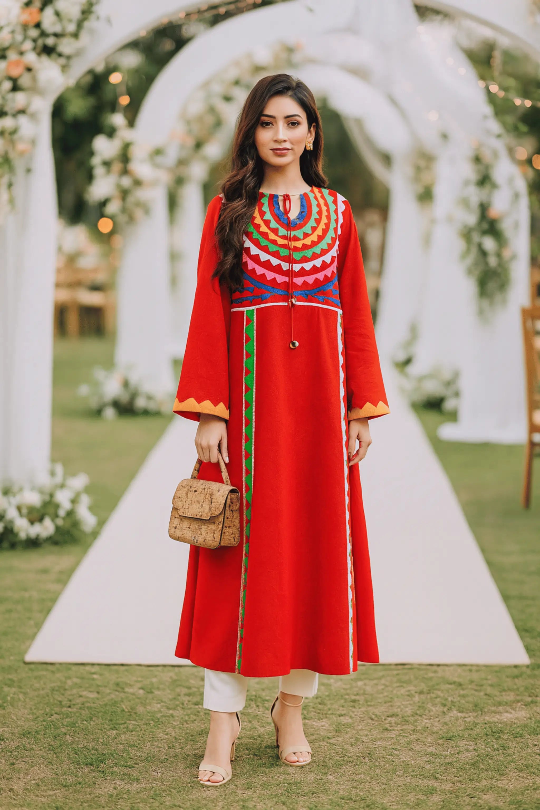 Model wearing Cherry Breeze unstitched Ralli work lawn shirt