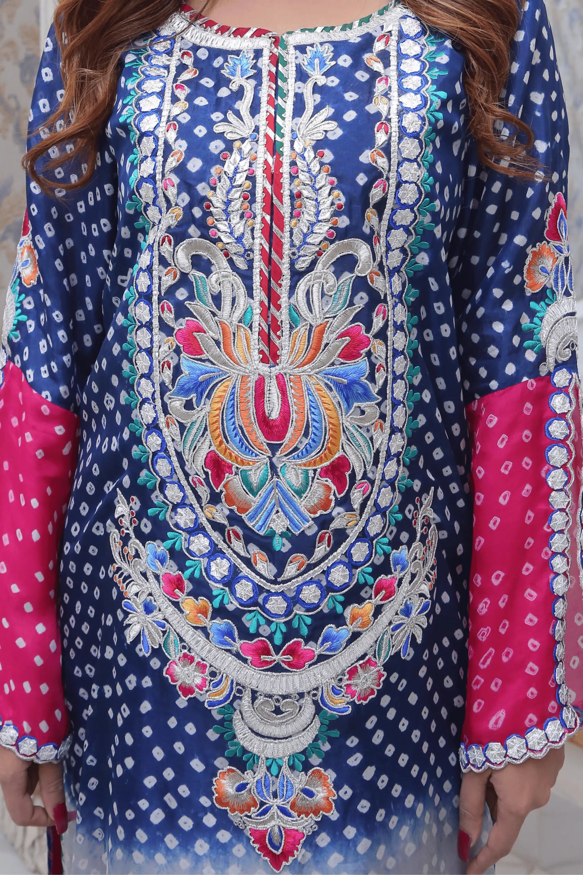 “Nayab 2 Piece Chunri frock and dupatta in medium silk with embroidery and gotta work – AOI Libas”