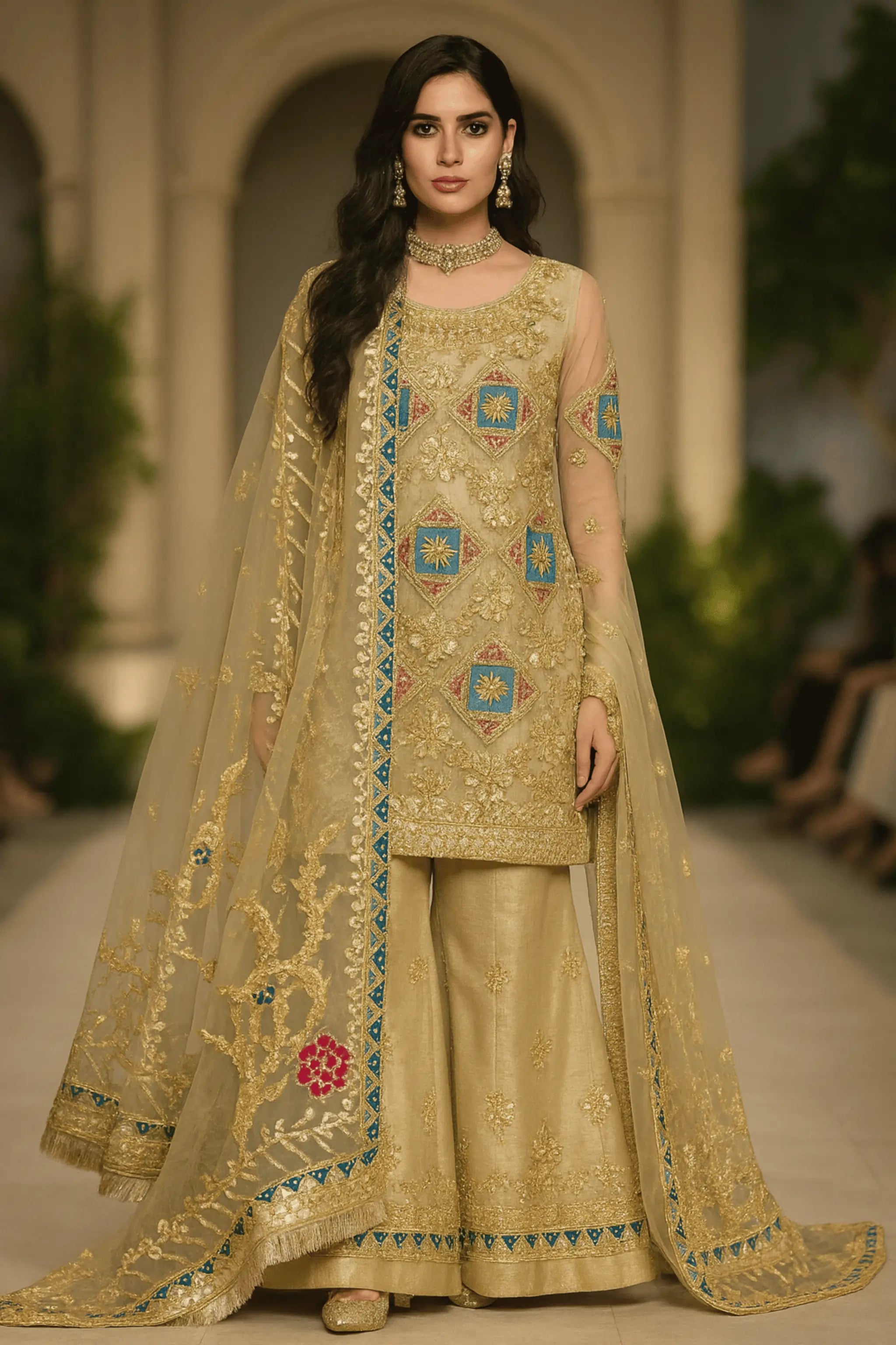 Parchment 3 piece dress with golden embroidery and appliqué work
