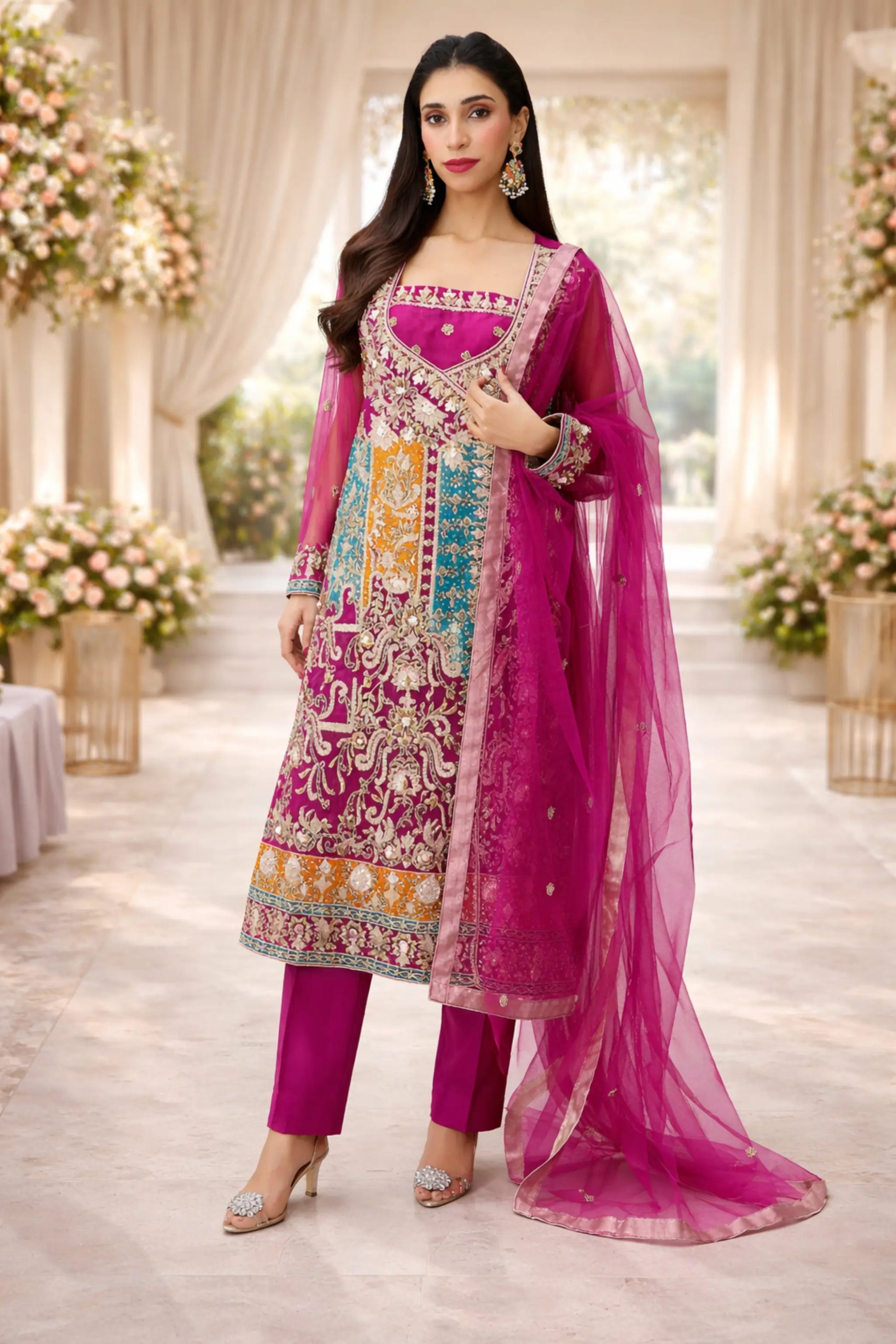 Premium raw silk 3-piece dress with antique gold embroidered shirt and organza dupatta