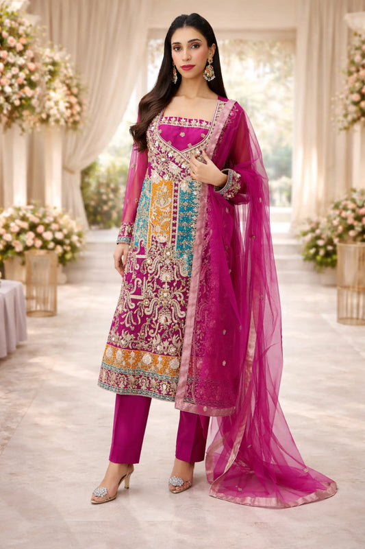 Premium raw silk 3-piece dress with antique gold embroidered shirt and organza dupatta