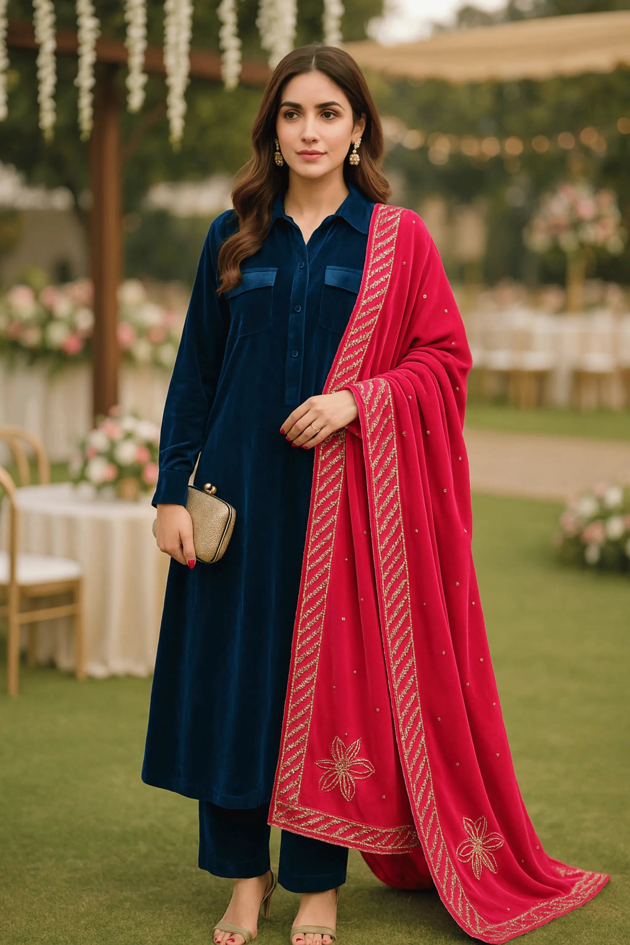 Ruby Shine Velvet Dopatta with sequin floral embroidery 