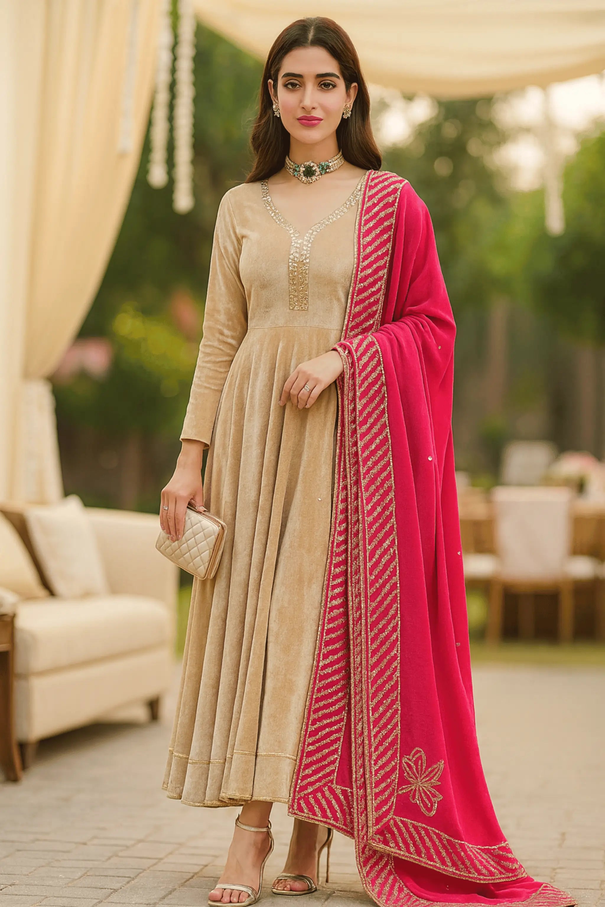 Ruby Shine Velvet Dopatta with sequin floral embroidery (front view).