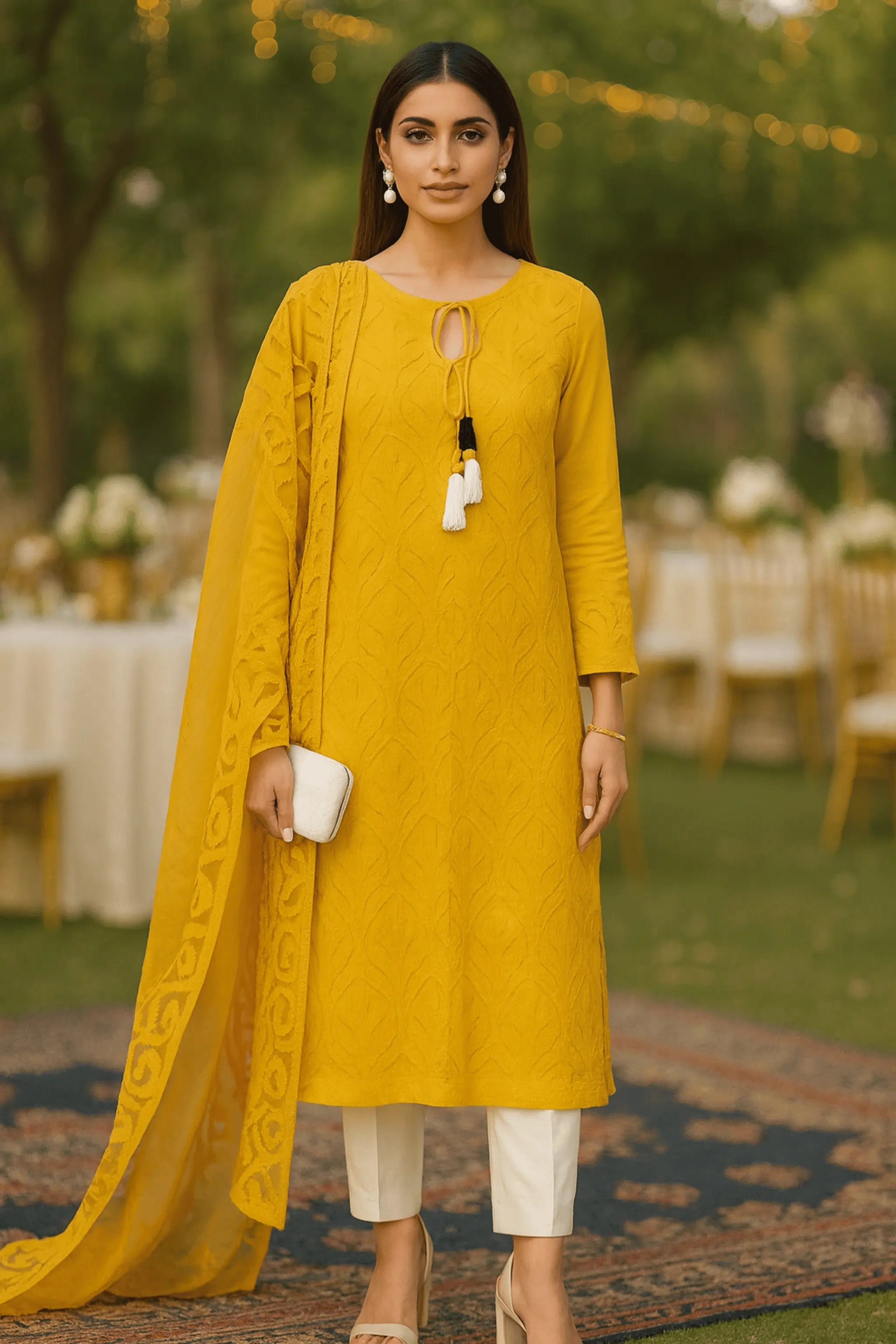Saffron semi-formal mustard Swiss lawn shirt with pure organza dupatta — front view
