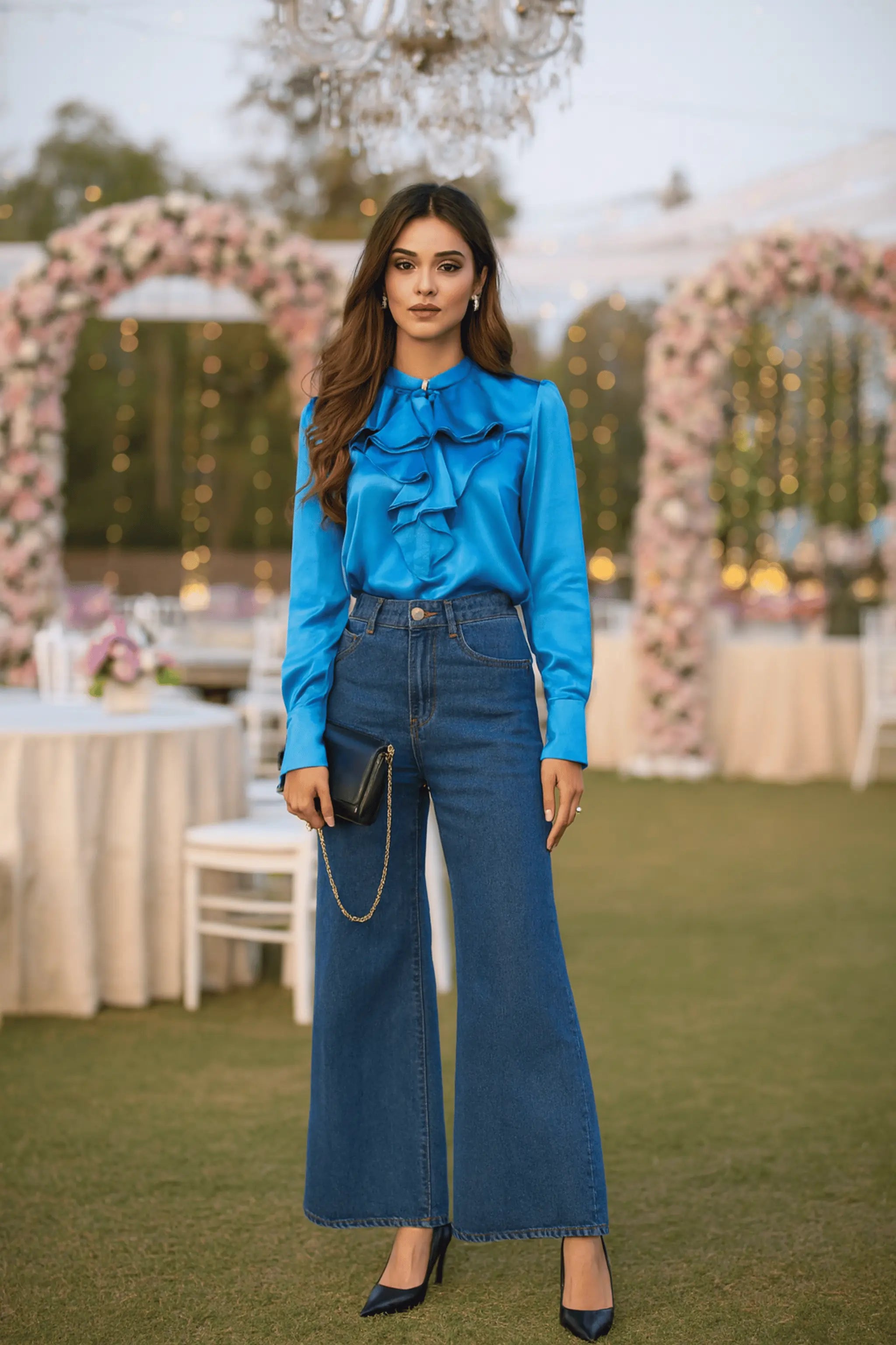 Shamose silk ivory shirt styled with black trousers