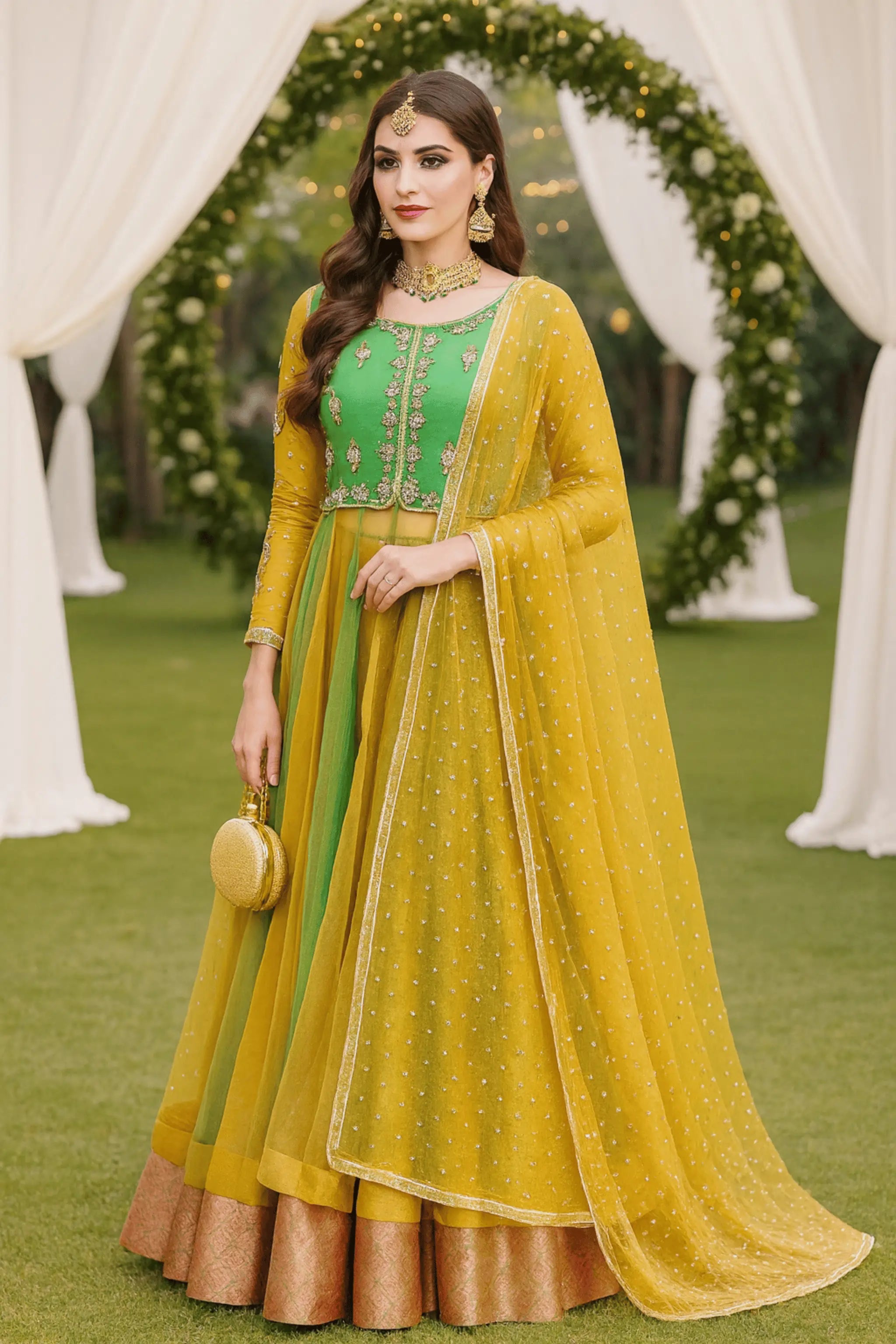 Shamrock three-piece green and gold organza wedding dress with embellished beads and stars work, featuring straight kurta, lehnga, and dupatta