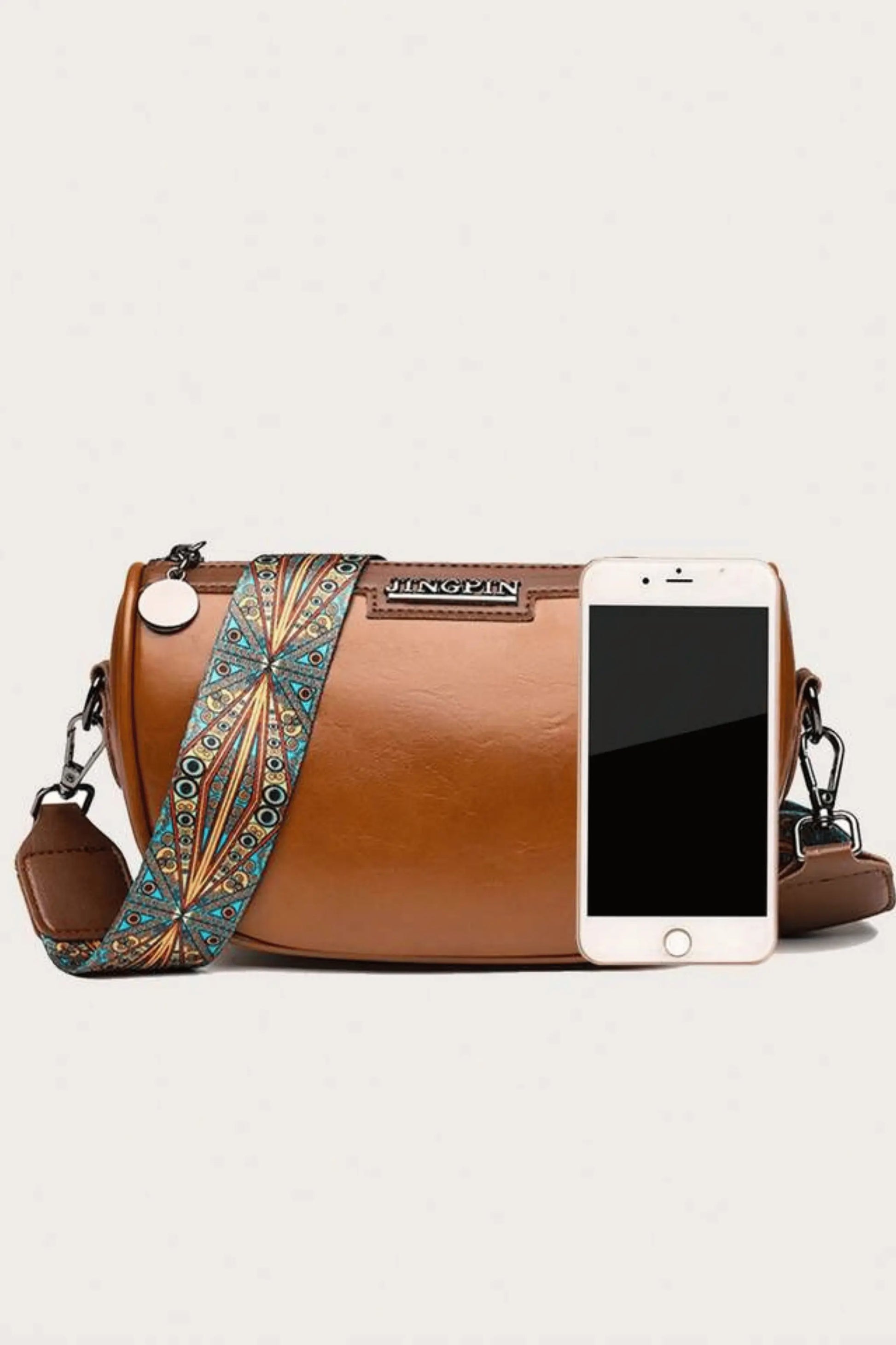 Patterned strap detail on brown crescent PU leather shoulder bag, women’s fashion crossbody

