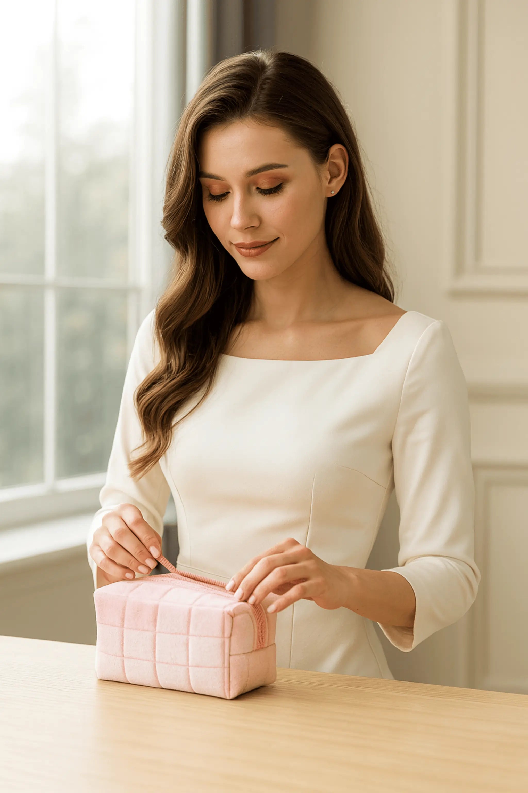 Pink quilted cosmetic bag, travel makeup pouch, toiletry organizer, velvet makeup bag