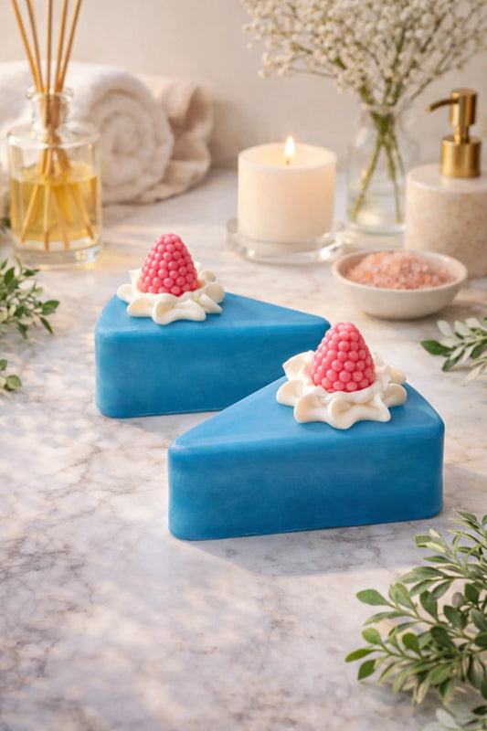 “Sweet Cherry Gloss Soap handmade pie-shaped soap with whipped cream and cherry detailing”