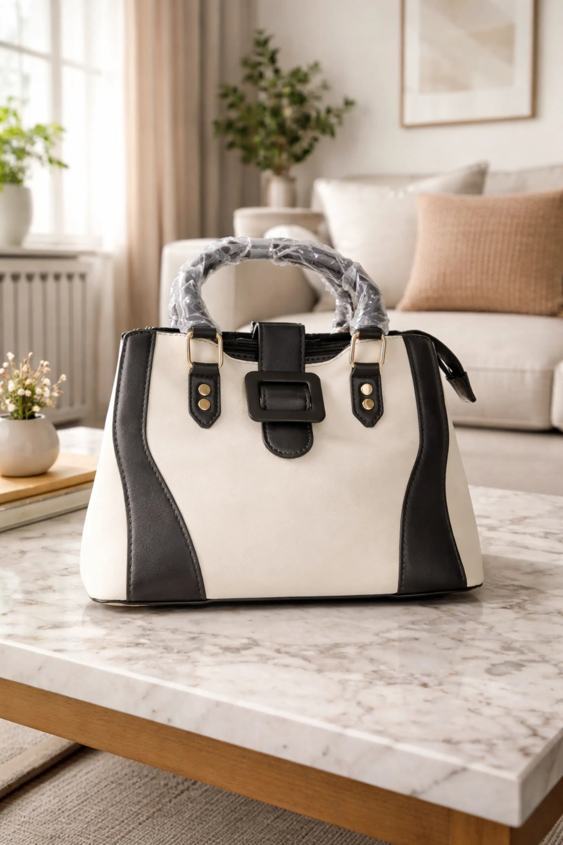 Women’s patent leather tote bag in ivory and dark brown with matching wallet