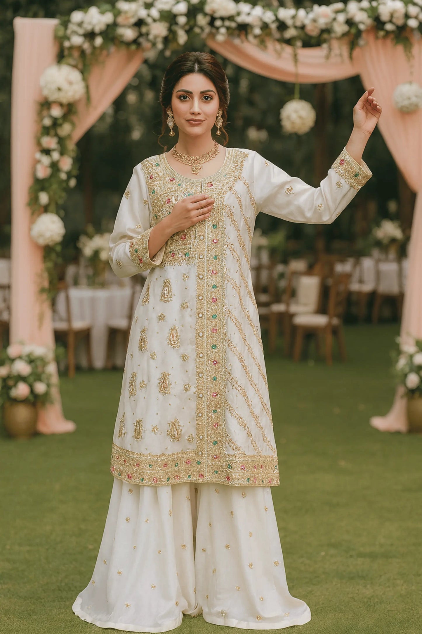 Zareen 3 piece organza shirt with hand embellished gotta, beads & stones