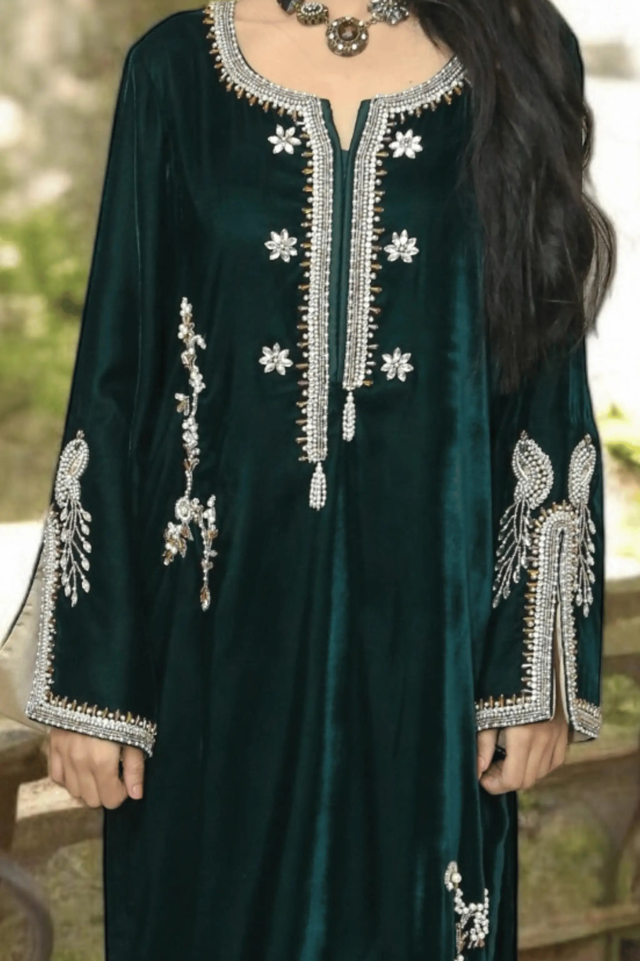 Zoya premium velvet shirt with silver bead embroidery