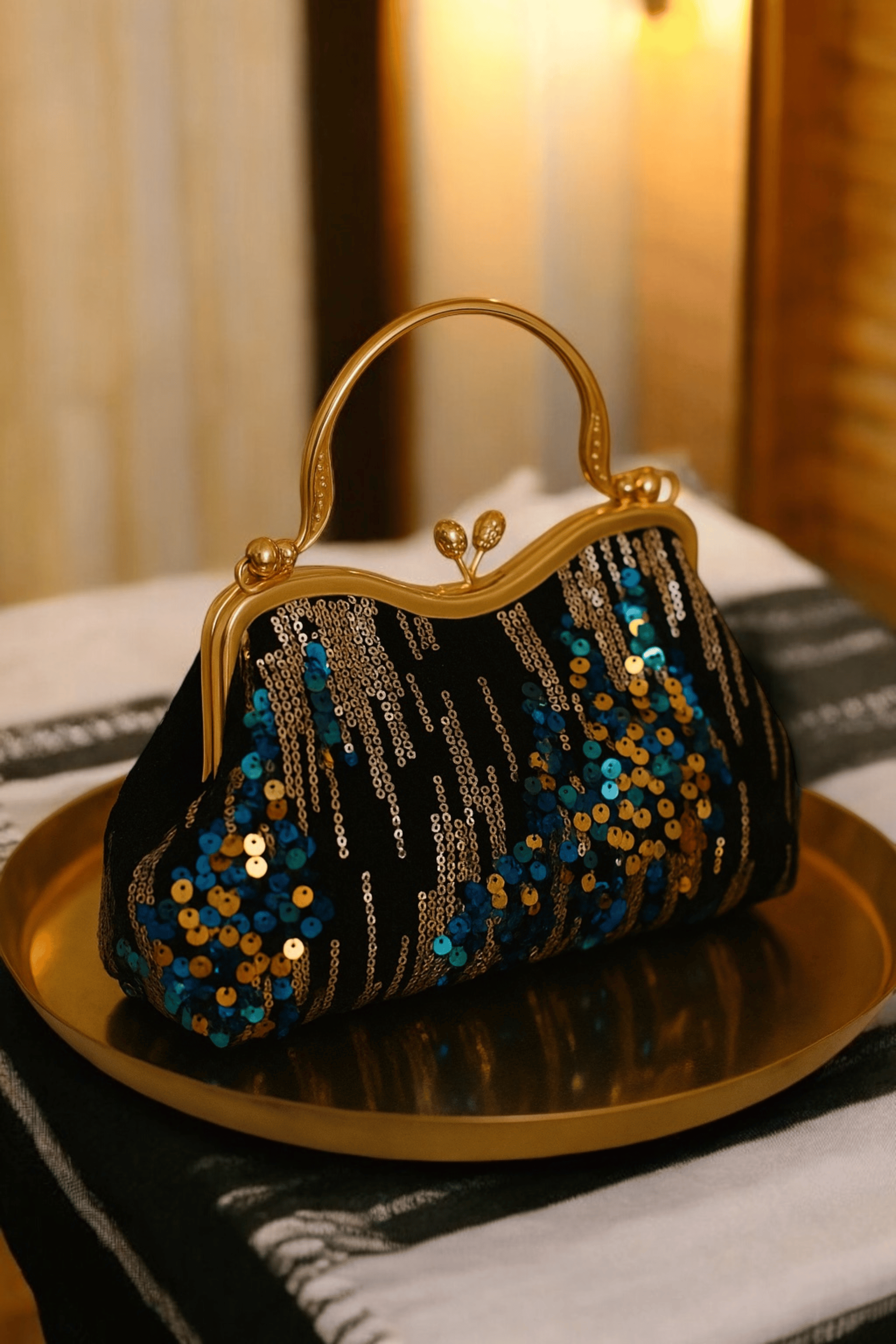 Black Sequined Velvet Evening Bag with Glitter Top Golden Handle 